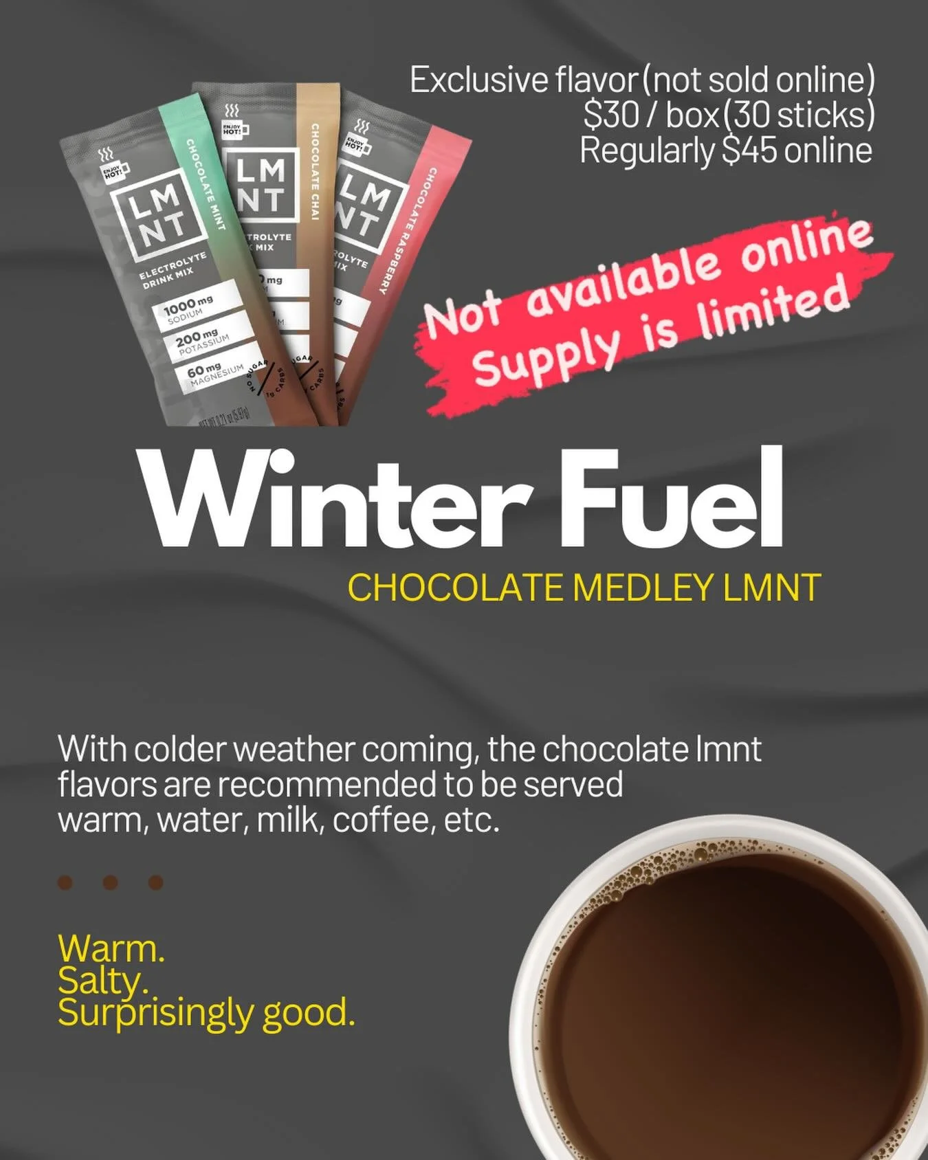 A cold morning calls for specific fuel. 

Chocolate @drinklmnt is the kind of hydration that makes the cold mornings better.

Made to be enjoyed warm, mixed with your choice of water, milk or even your morning coffee.

It&rsquo;s an easy way to suppo