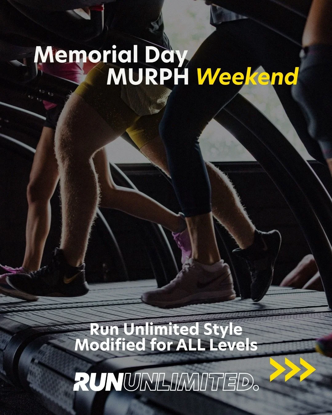 Celebrate Memorial Day at Run Unlimited!

We&rsquo;re putting in the work with a Murph-inspired weekend built for all levels.

SUNDAY 5/24: HYROX Style Murph Challenge
9AM

MONDAY 5/25: 5K + 10K Murph Challenge
8AM for 10K
9:30AM for 5K

All levels a