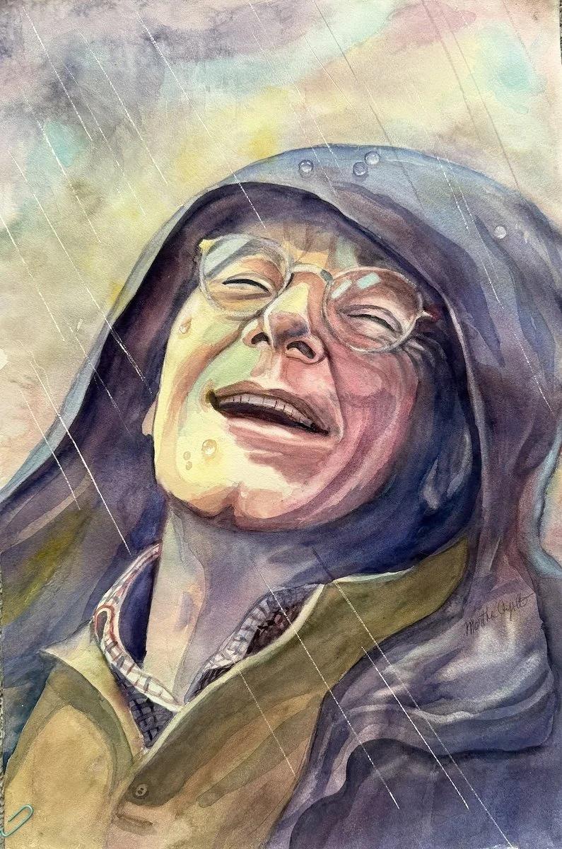 Laughing in the Rain, 15"x22", watercolor, $600