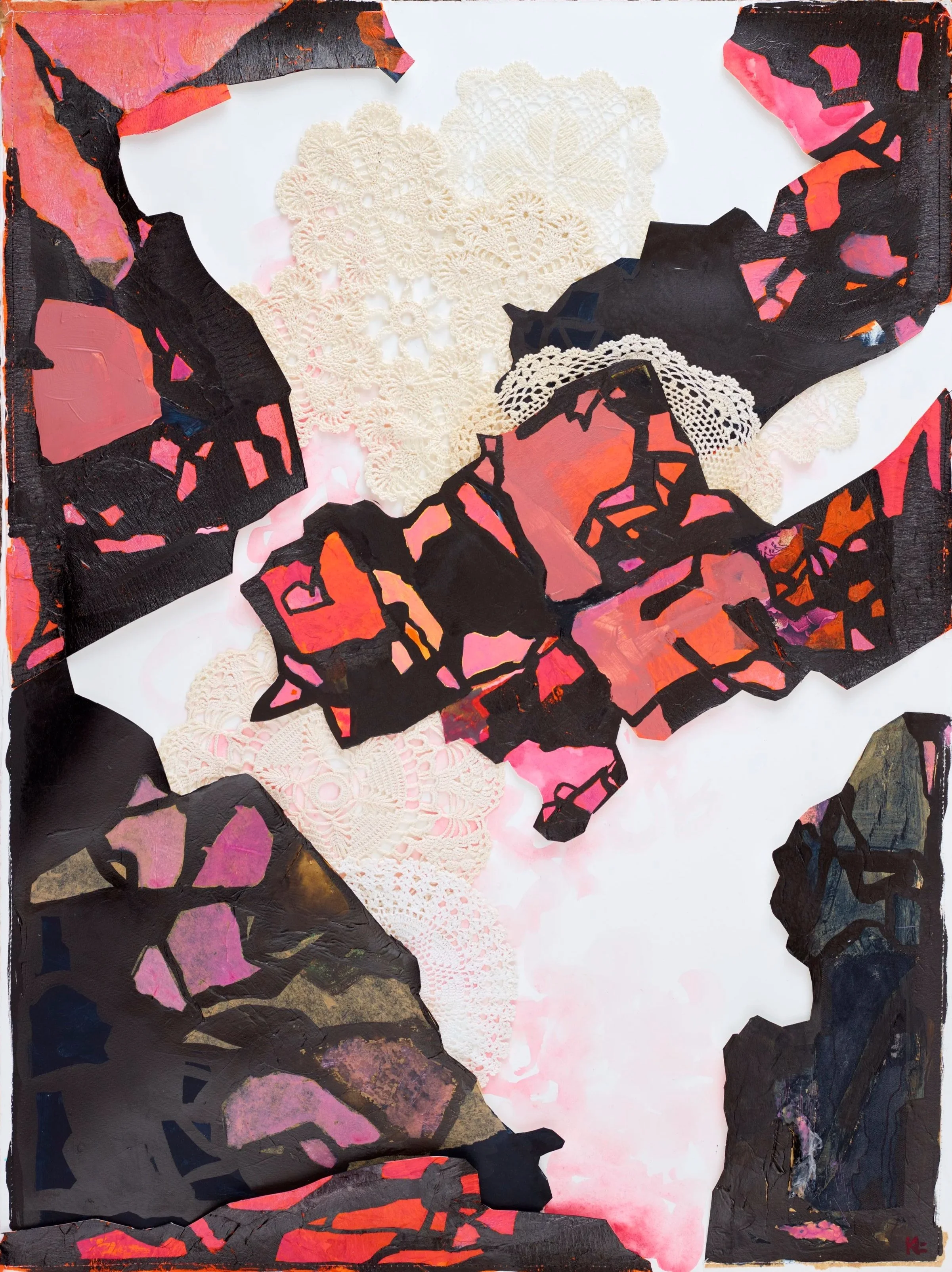 Medan dagen sakta blir natt 76x56, akryl, gouache, akvarell, flytande tusch, virkade textilier, Somerset syrafritt litopapper. © Karin Lönnå (Foto: Kristofer Lönnå)