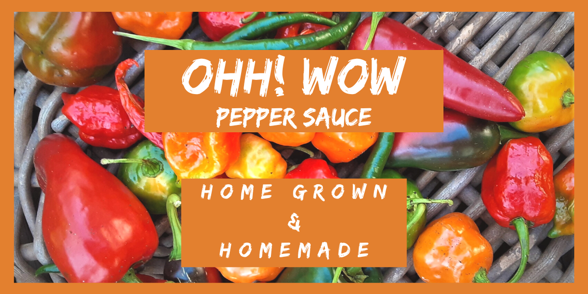 Colorful variety of hot peppers, including red, yellow, orange, and green, on a woven basket background with text overlay promoting homemade, homegrown pepper sauce.