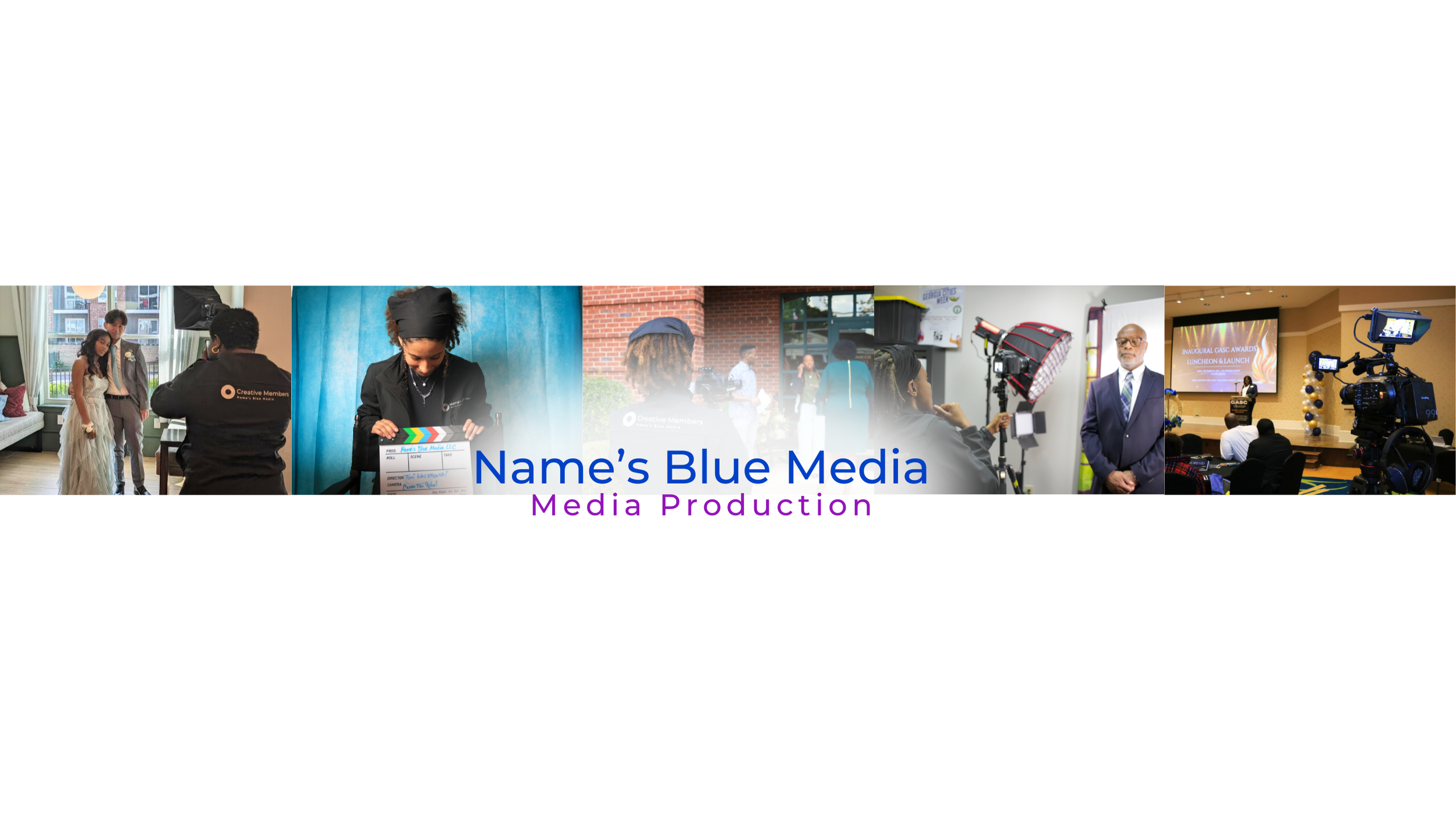 A digital media production banner with a series of photos of people behind the scenes of media projects, along with text that reads "Name's Blue Media" and "Media Production."