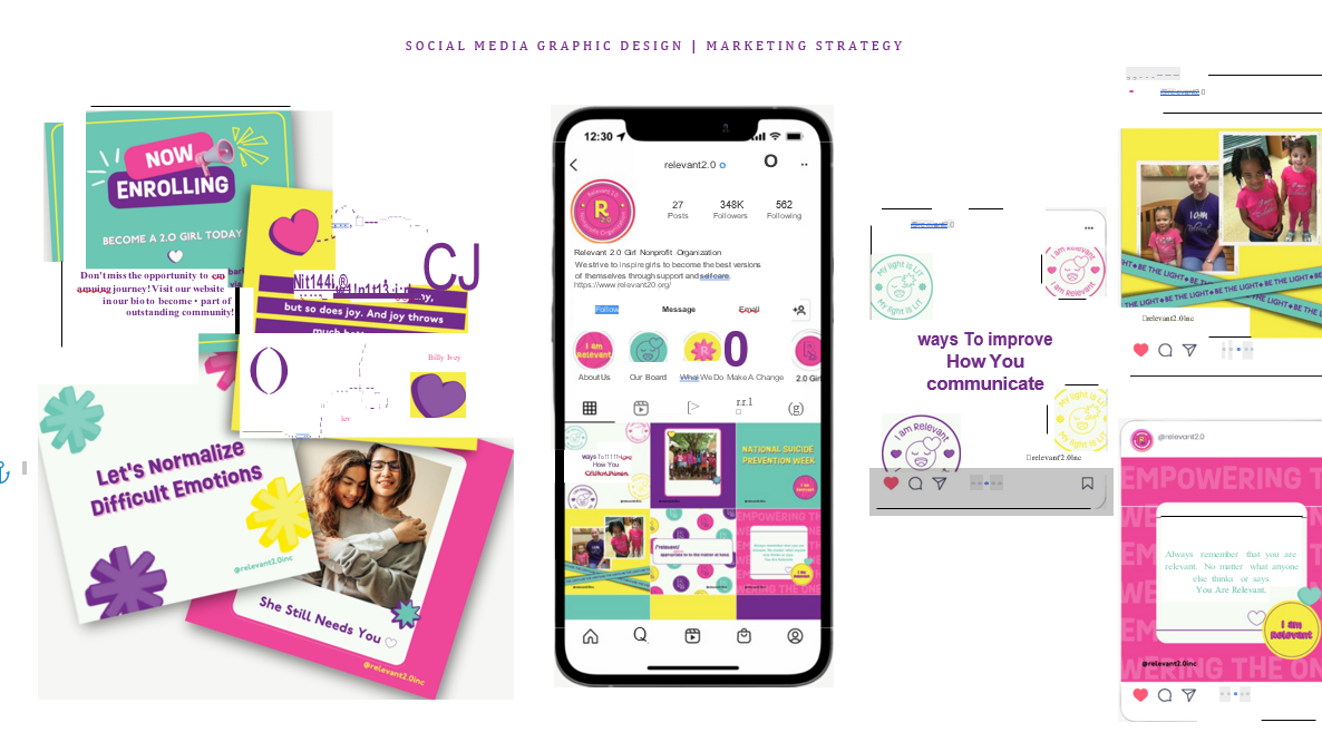 A collage of social media graphics promoting mental health awareness, including messages about normalizing difficult emotions, communication, and empowerment, surrounding a central smartphone displaying an Instagram profile