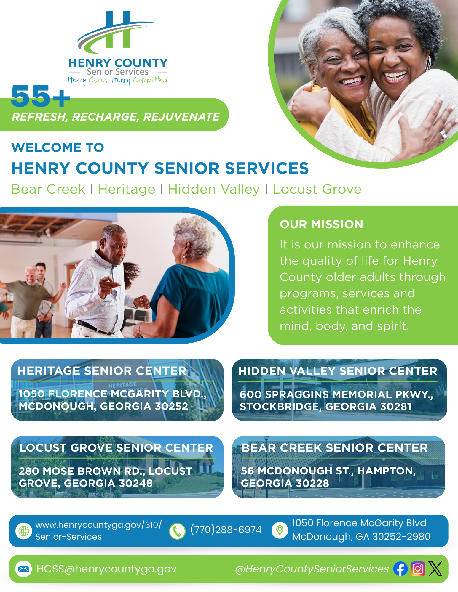  flyer for Henry County Senior Services featuring a photo of two elderly women hugging and smiling, a photo of an elderly man talking to an elderly woman at a center, and address and contact information for four senior centers in Georgia.