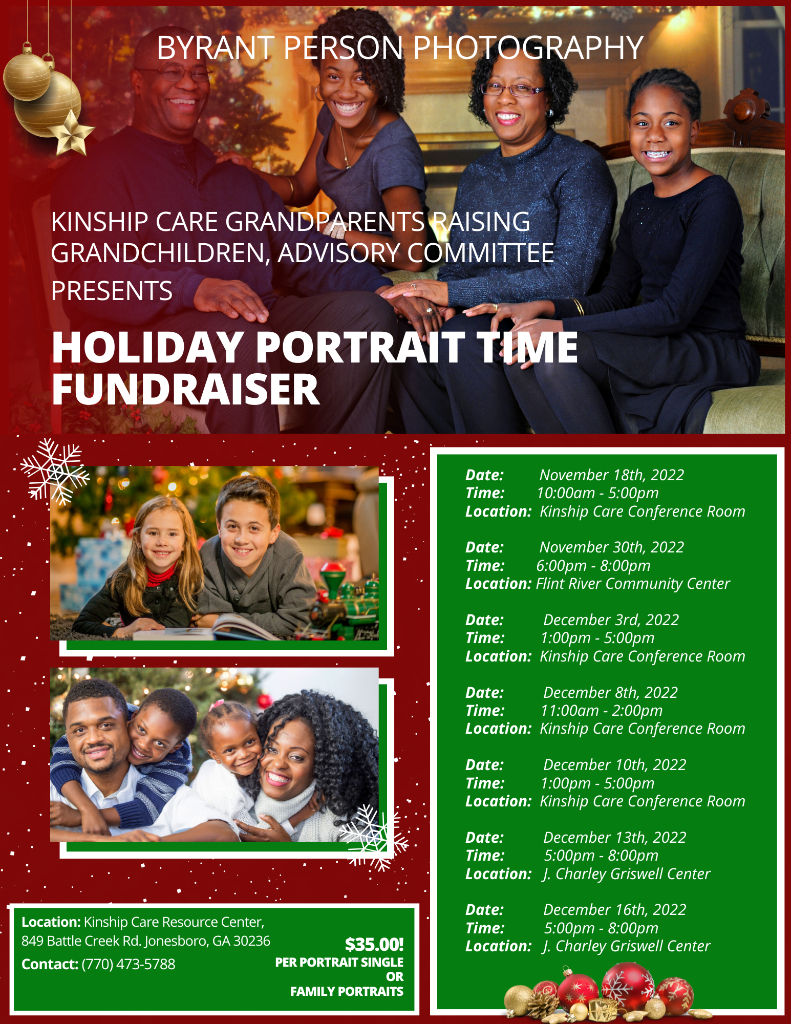 Flyer for a holiday portrait time fundraiser presented by Byrant Person Photography and Kinship Care Grandparents Advisory Committee. Features family holiday images and includes event dates, times, locations, and contact information.