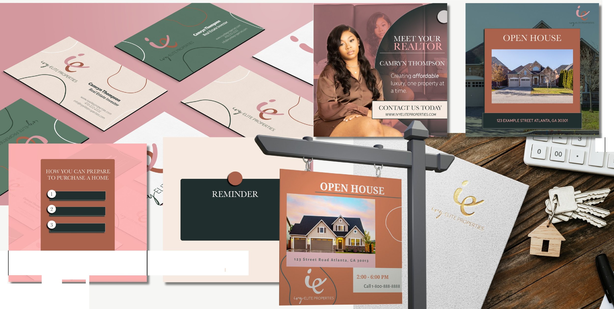 A display of real estate marketing materials including business cards, flyers, an open house sign, and property images for Ivy Elite Properties, with keys and a small house model on a wooden surface.