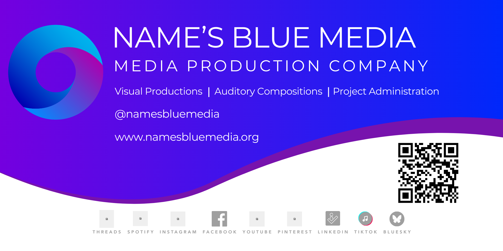 Business card for Names Blue Media, a media production company. The card features a blue and purple gradient wave design, a circular logo, and contact information including social media handles and website. The bottom includes icons for various socia