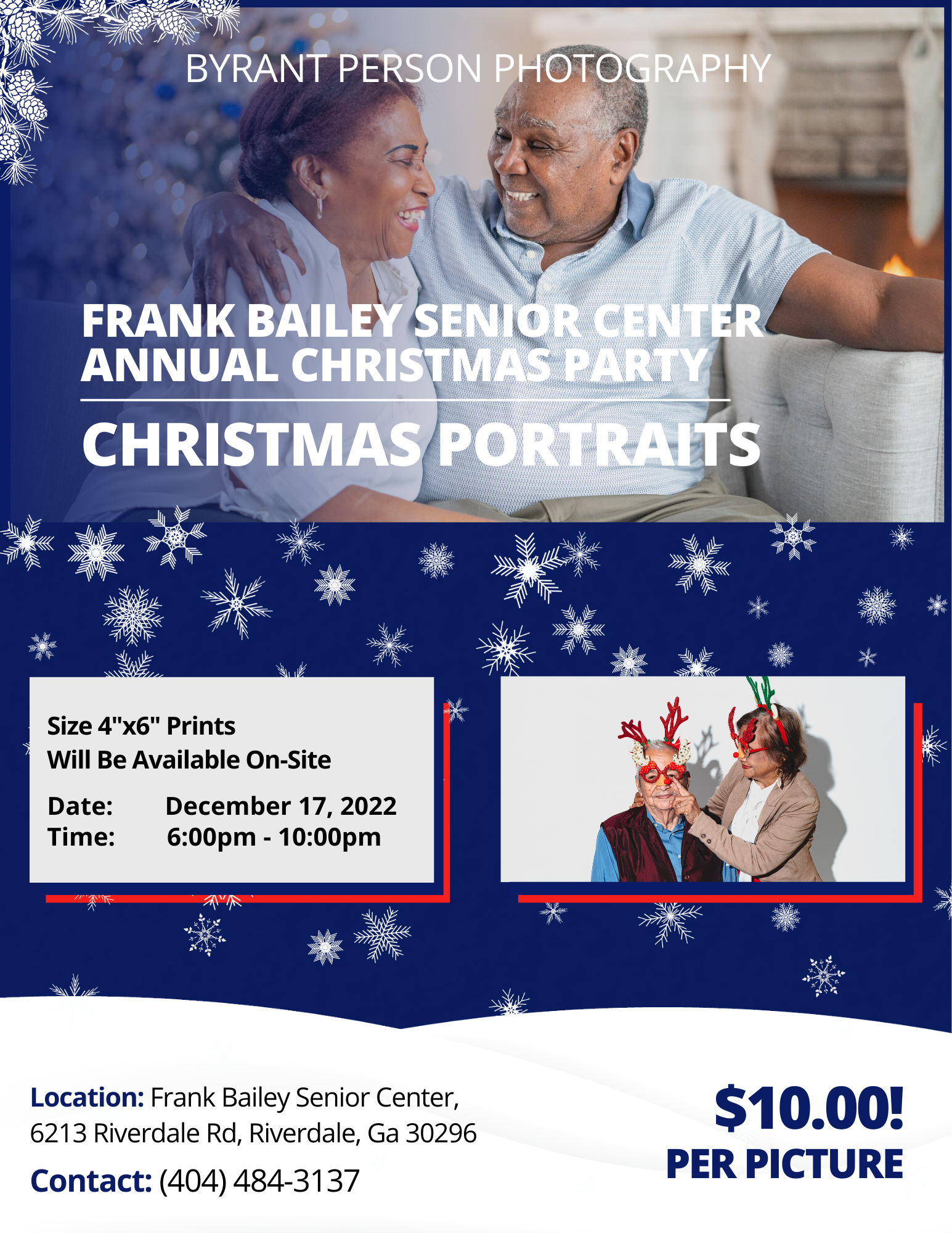 A flyer advertising a Christmas portraits event at Frank Bailey Senior Center, showing a senior couple smiling and a festive background with snowflakes, and a smaller photo of an elder with reindeer glasses and a woman with reindeer antlers.