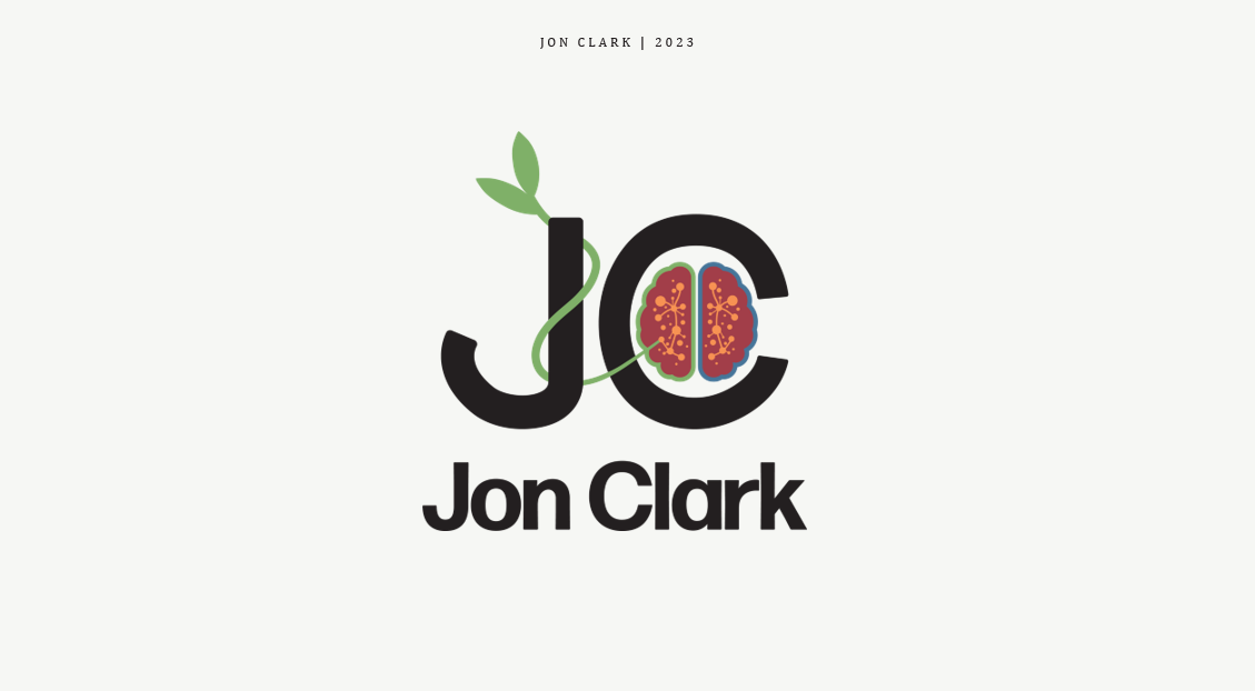 Logo featuring the name Jon Clark with a stylized 'JC' where the 'J' has a green vine with leaves and the 'C' includes a colorful brain illustration.