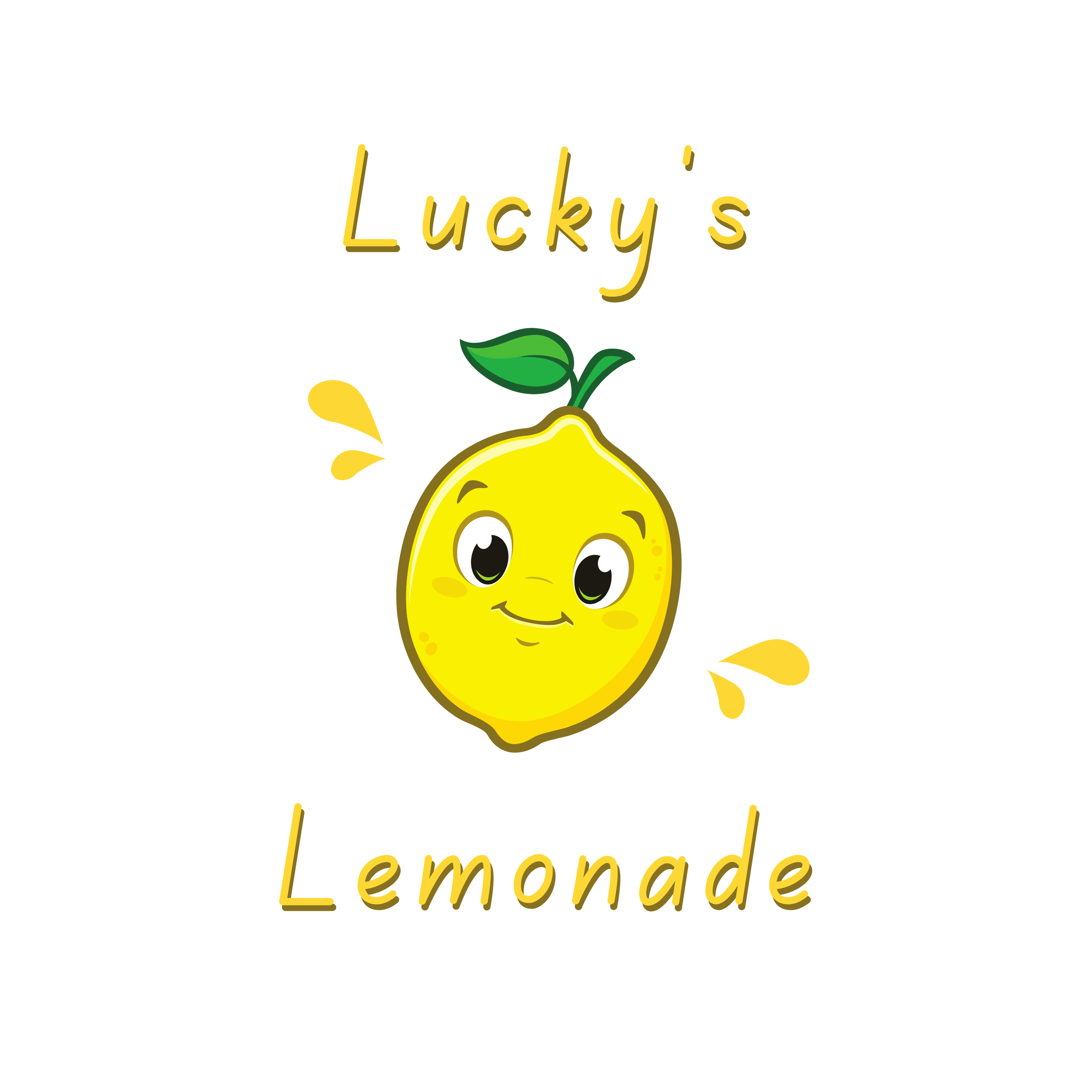 Cartoon lemon with a smiling face and green leaf on top, with the text 'Lucky's Lemonade' above and below it, on a white background.