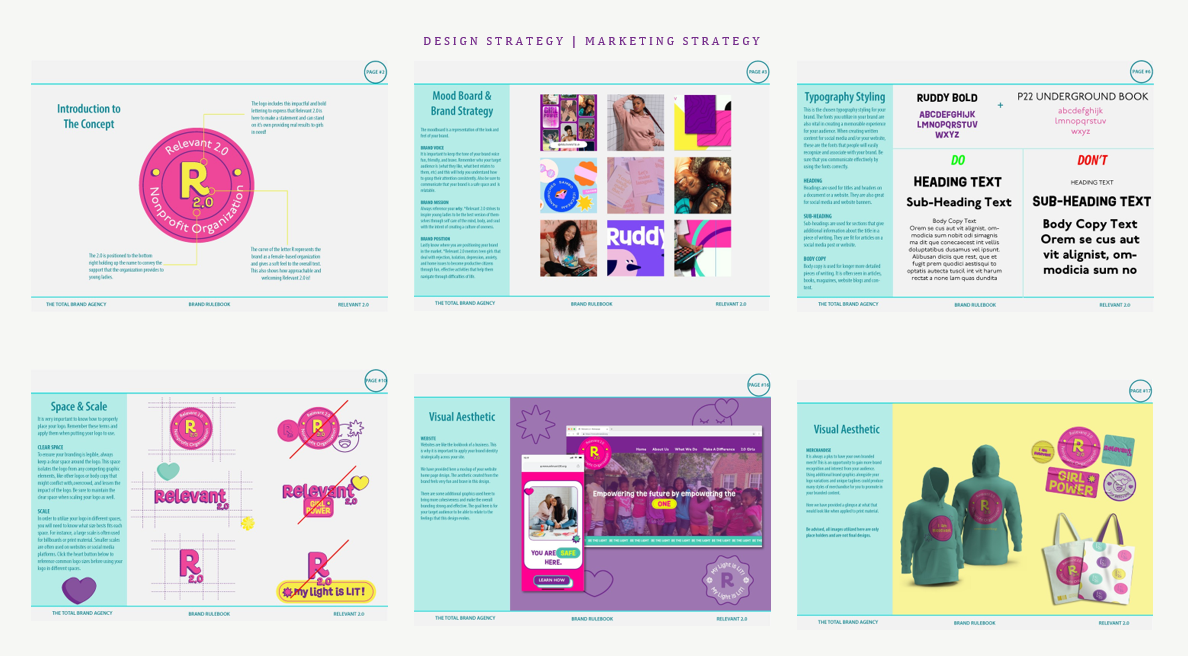 Six-page branding presentation outlining design strategy, mood board, typography, visual aesthetic, and brand guidelines for a campaign called Relevant 2.0, featuring colorful graphics, photos, and examples of logo applications.