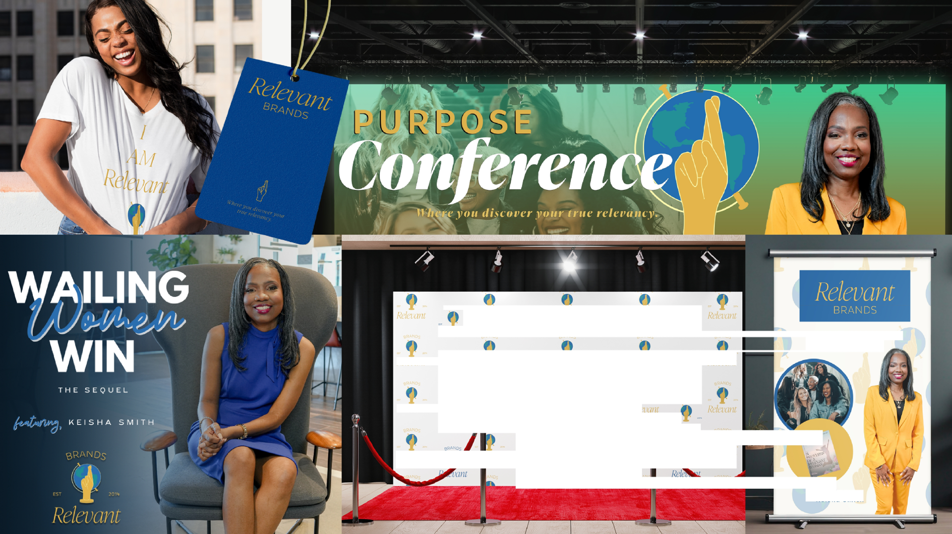 An indoor event space set up for a conference, decorated with banners and signs promoting the 'Purpose Conference' by Relevant Brands. The stage features a backdrop with the conference branding, including a globe and a hand pointing upward. There are two women, one seated in a gray chair wearing a blue dress and smiling, and another standing in a yellow suit on a side banner, smiling. A red carpet and velvet ropes mark the entrance area.