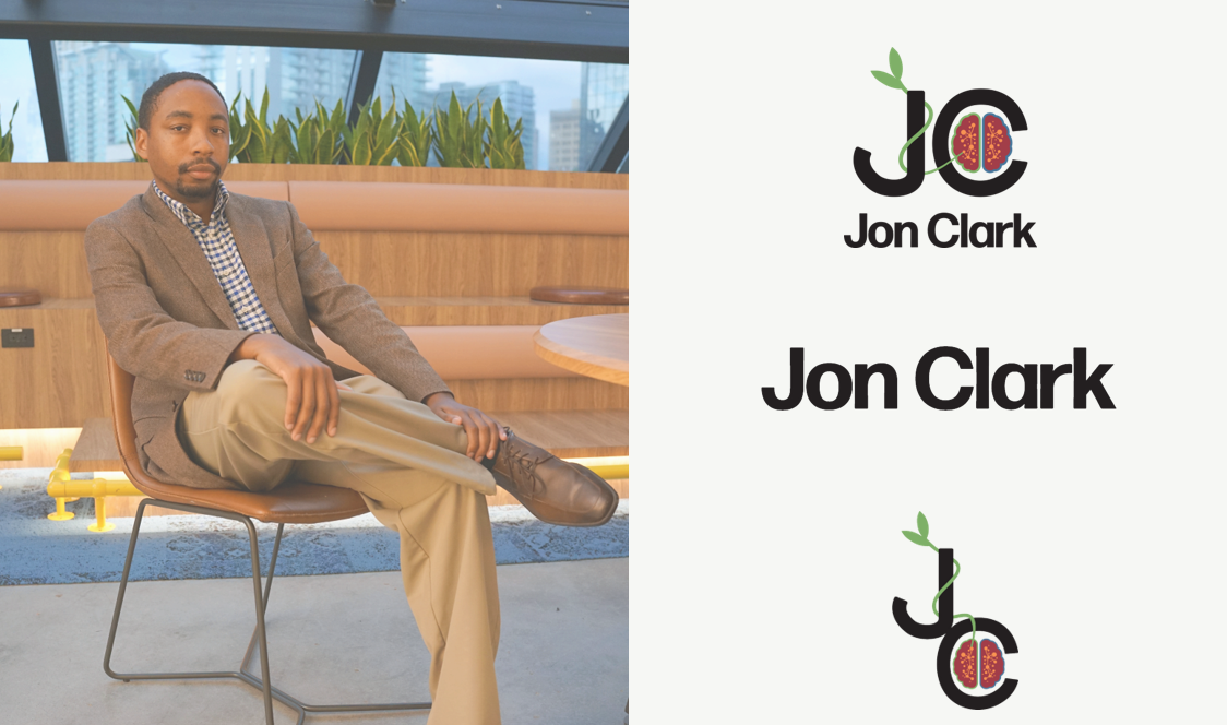 A man in a brown blazer and beige pants sitting on a chair in a modern indoor space with large windows and green plants, with a graphic on the right side showing the text "Jon Clark" and a logo featuring the initials "JC" with a leaf and a stylized b