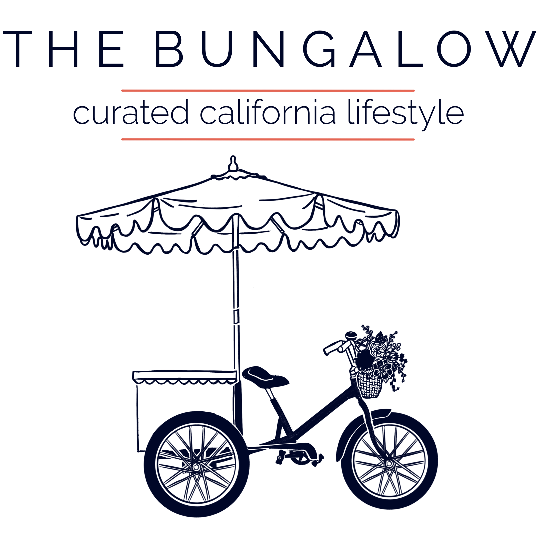 Illustration of a tricycle with a large umbrella, a basket of flowers, and decorative elements, with text 'The Bungalow curated california lifestyle' above it.