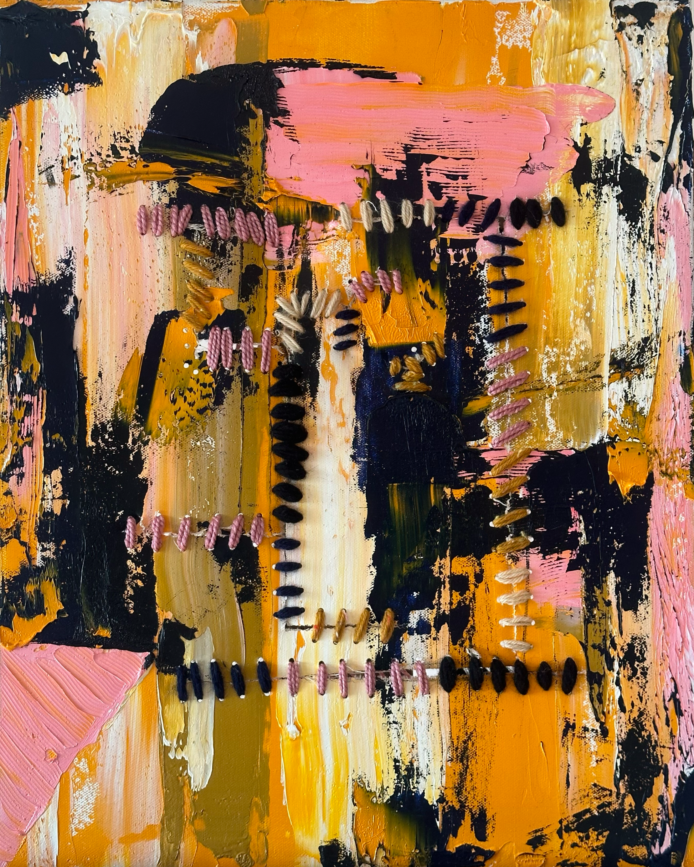  It Hardly Hurts Anymore, 2024 
 
Oil on canvas with yarn. $850