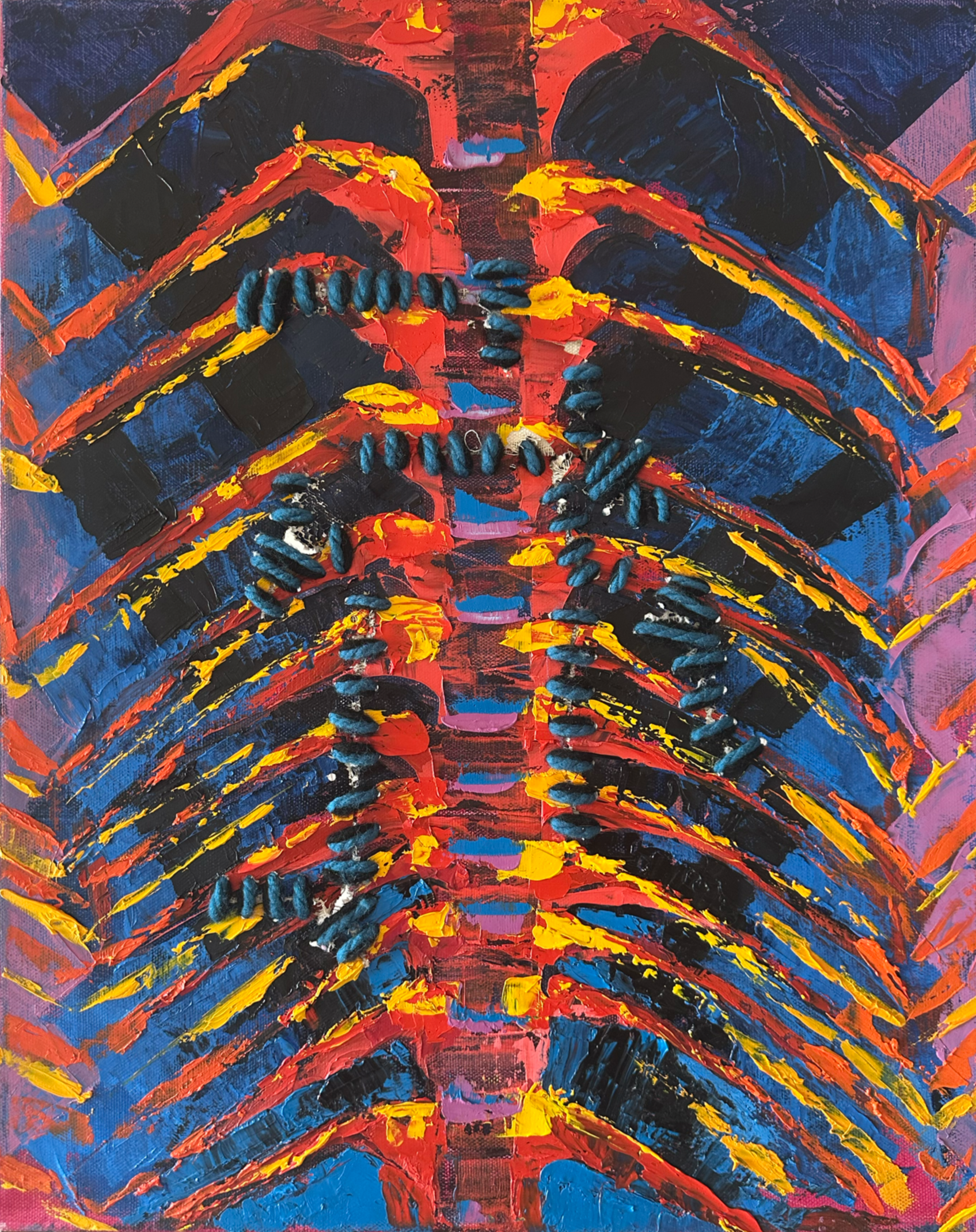  It Hurt, but I'm Healing, 2025 
 
Oil on canvas with yarn. $850