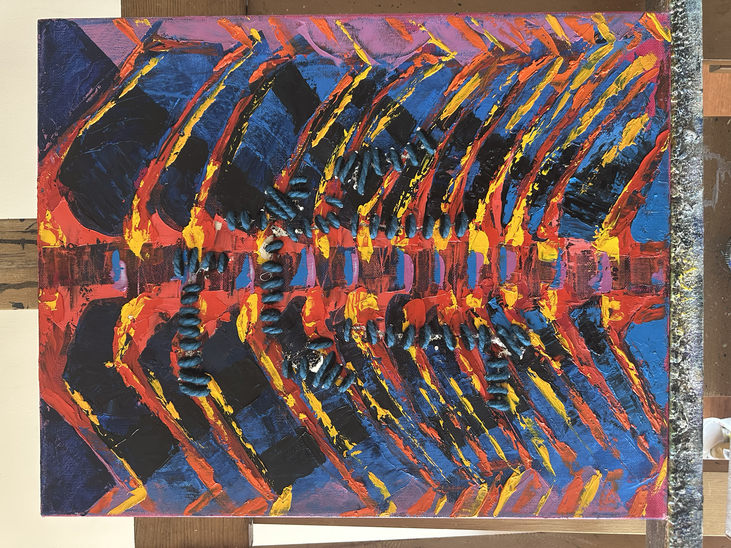It Hurt, but I'm Healing, 2025
Oil on canvas with yarn. $850