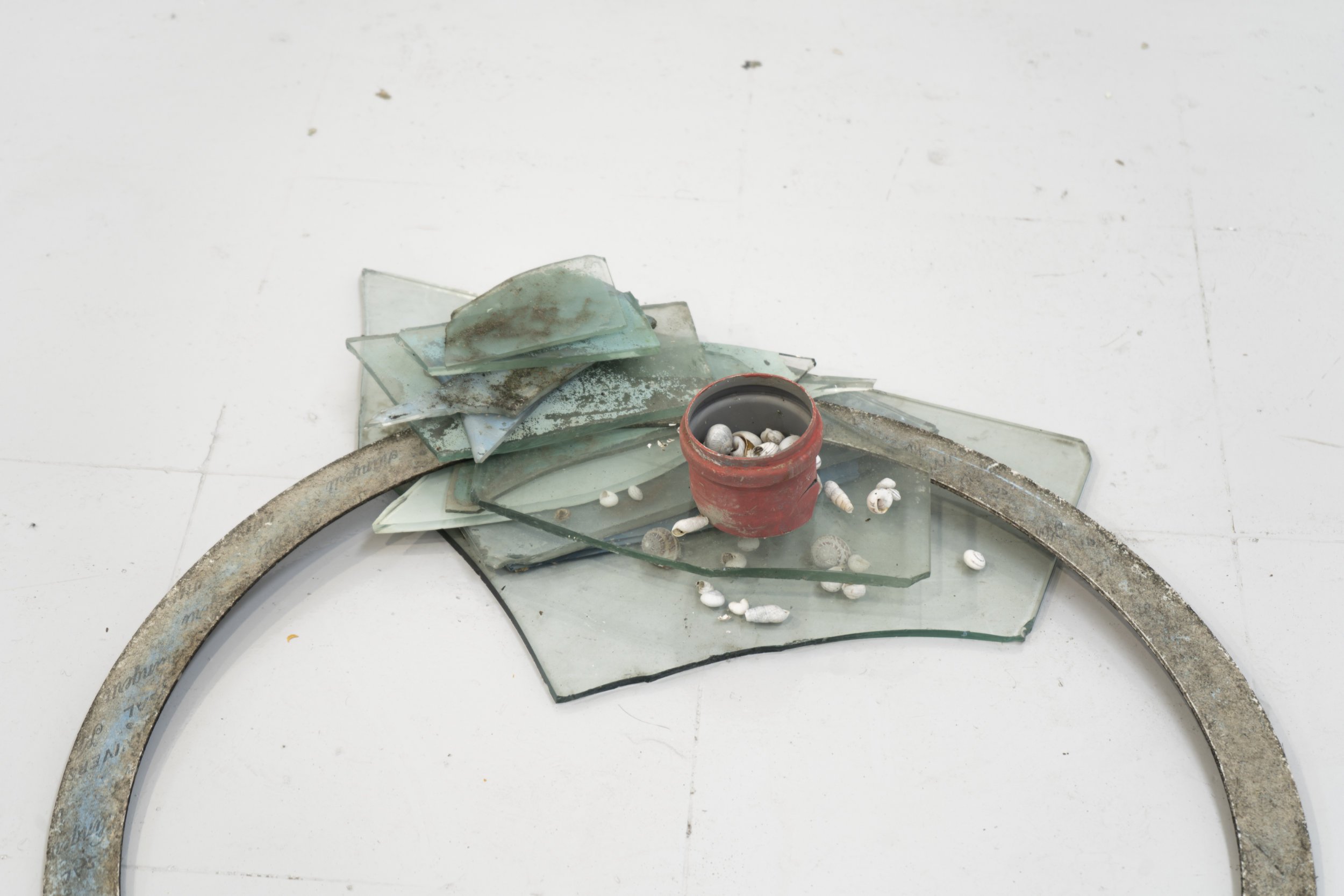  Kelly M O'Brien,  Waiting for Their Chance . Glass, found objects (plastic), snail shells. 101L x 90W x 17H ©2022 