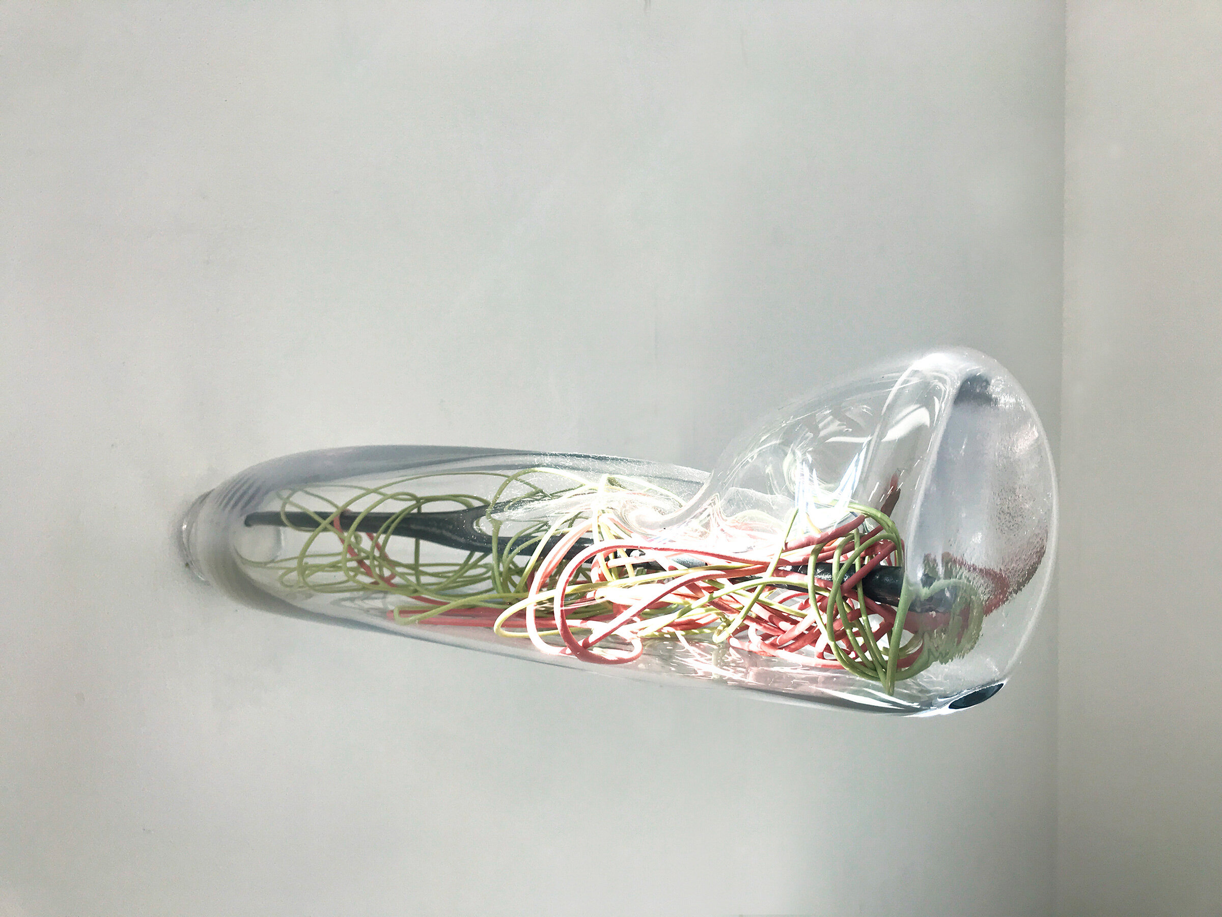  Kelly M O’Brien,  How did they get away with it?  Handblown glass, steel, latex, PVC coated cord. 150 x 130 x 34 cm ©2019 