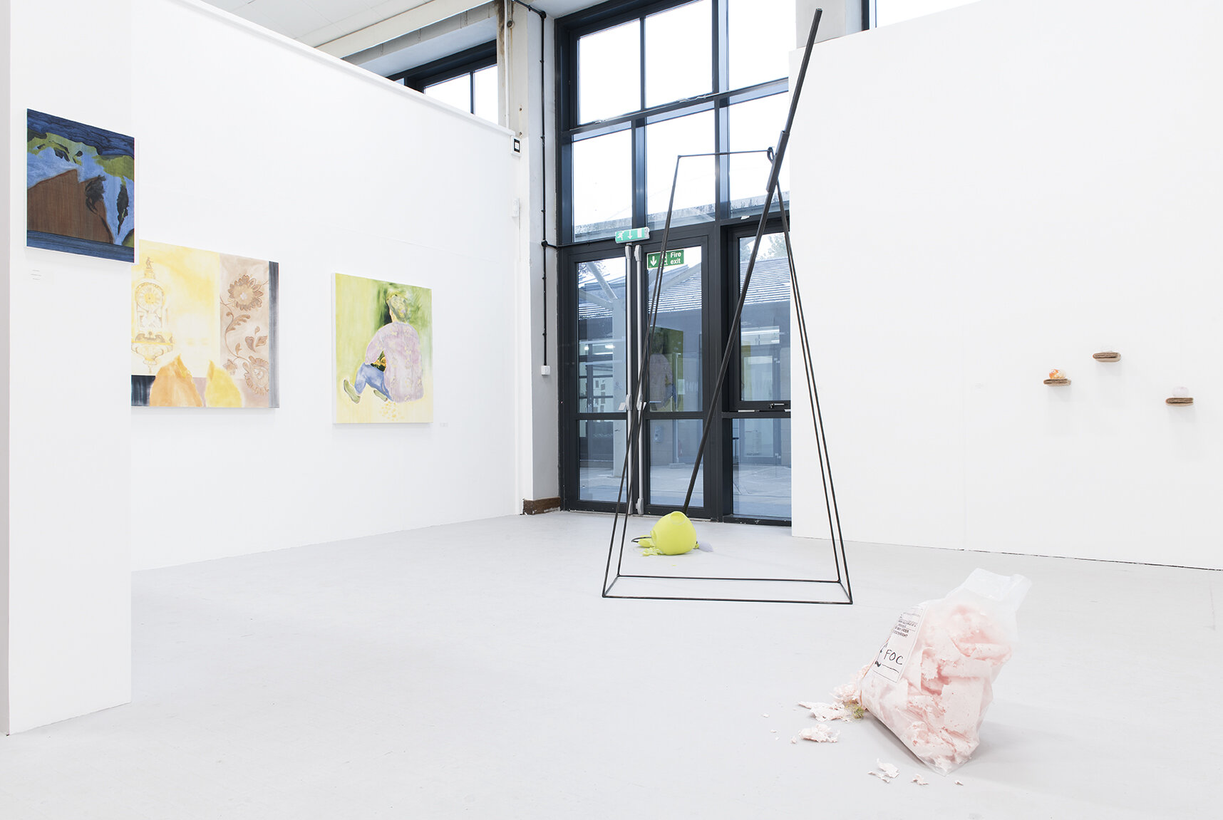  Kelly M O’Brien,  This May Be Under the Stated Weight (Aftermath) . MFA Degree Show installation view with Vicky McKay (left). Steel, glass, paper, thread, tulle, plastic. 230 x 350 x 122 cm ©2019 Image: John Taylor 