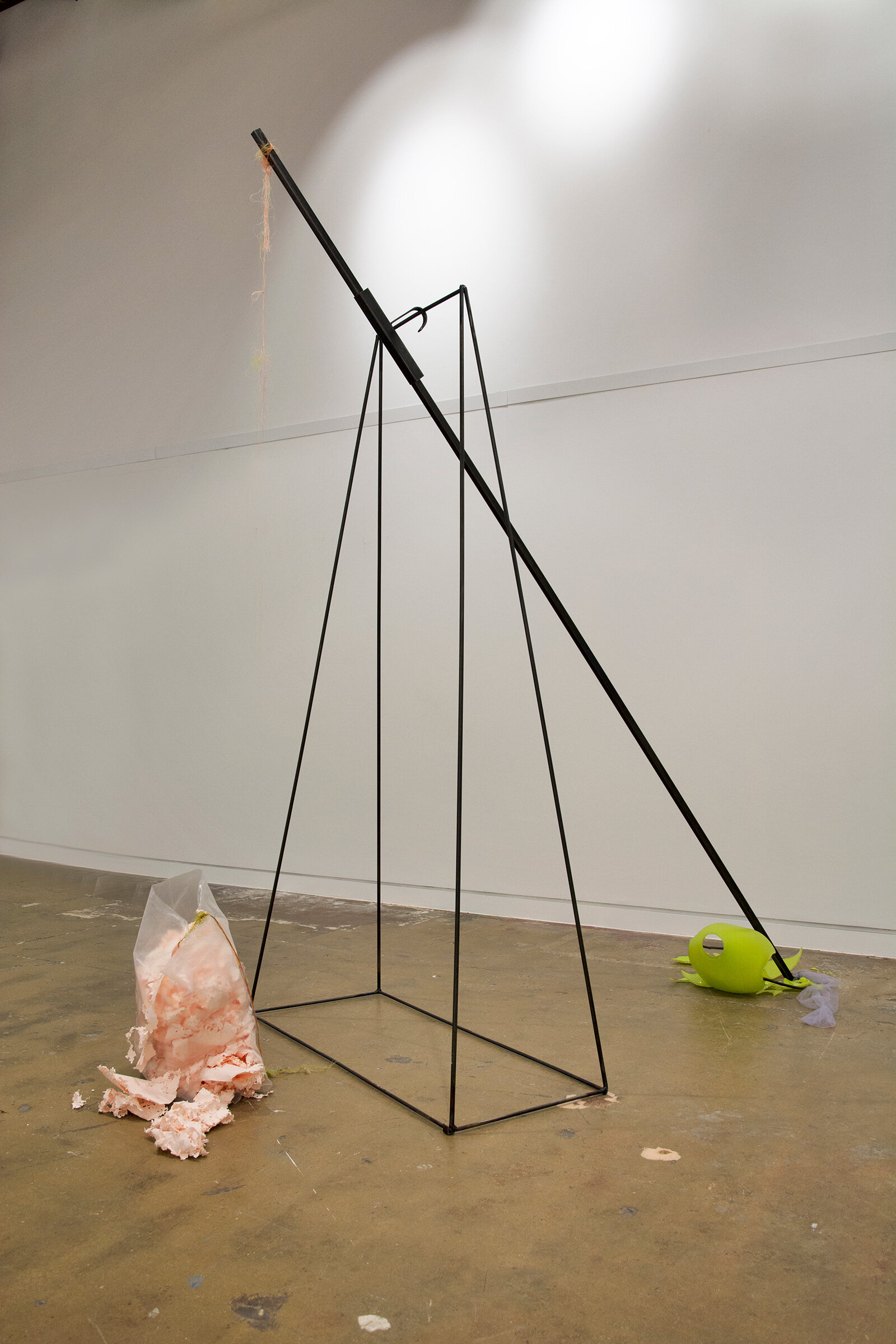  Kelly M O’Brien,  This May Be Under the Stated Weight (Aftermath) , installation view. Steel, glass, paper, thread, tulle, plastic. 230 x 350 x 122 cm ©2019 
