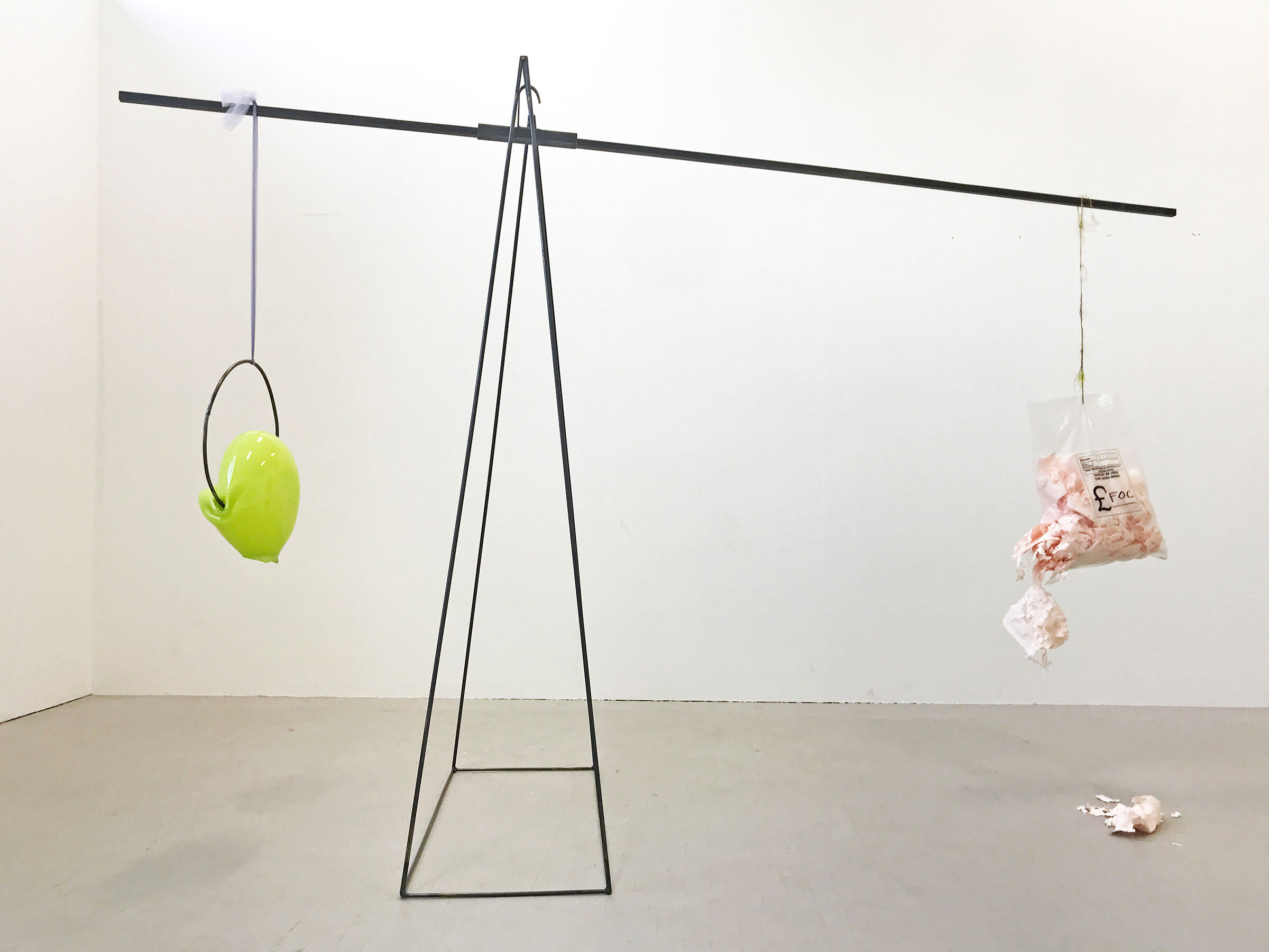  Kelly M O’Brien,  This May Be Under the Stated Weight . Steel, glass, paper, thread, tulle, plastic. 230 x 350 x 122 cm ©2019 