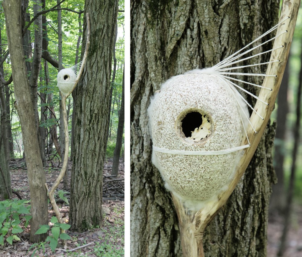  Kelly M O’Brien,  Materiality of Care . Foraged wood, cast mycelium, wool, cotton cord. 86 x 12 x 6 inches. ©2023 