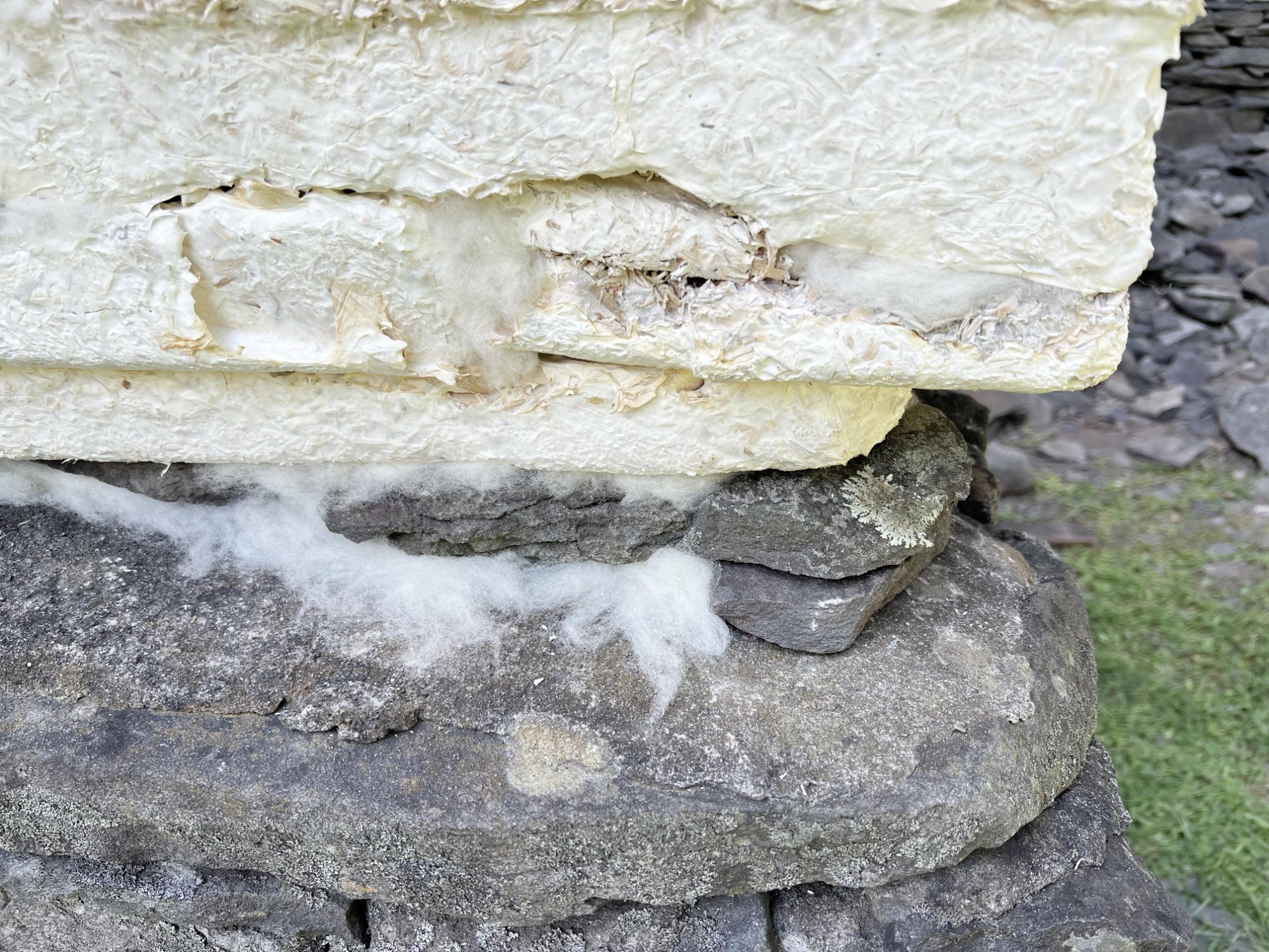  Kelly M O’Brien,  Ecotopia Conversation . Cast mycelium, stone, wool. Dimensions variable ©2023 