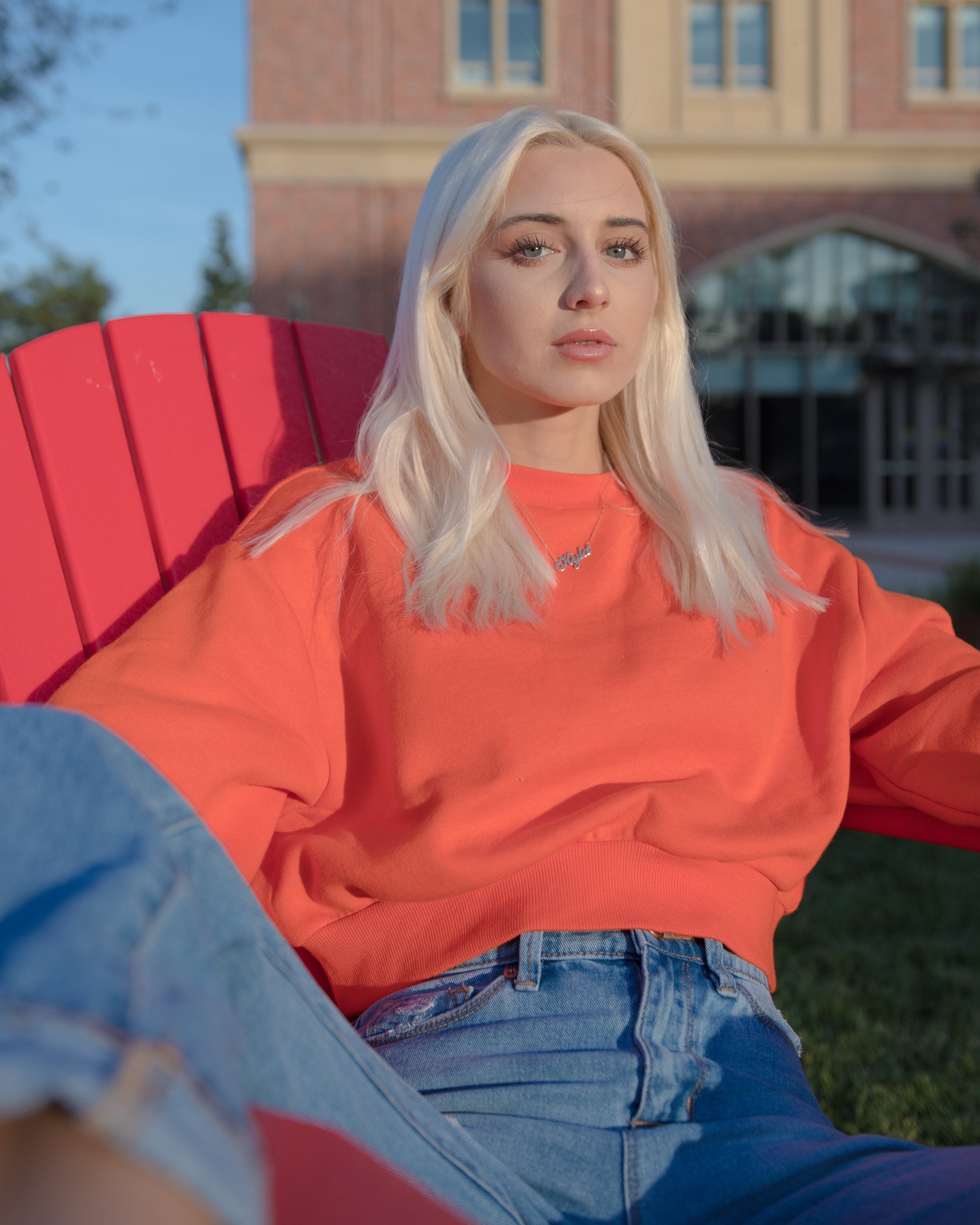 Casual creative portrait of blonde model at USC