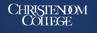 Logo of Christendom College with white text on a blue background.