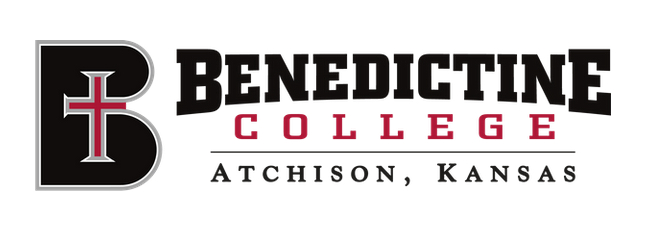 Benedictine College logo with a large 'B', a cross, and text indicating location in Atchison, Kansas.