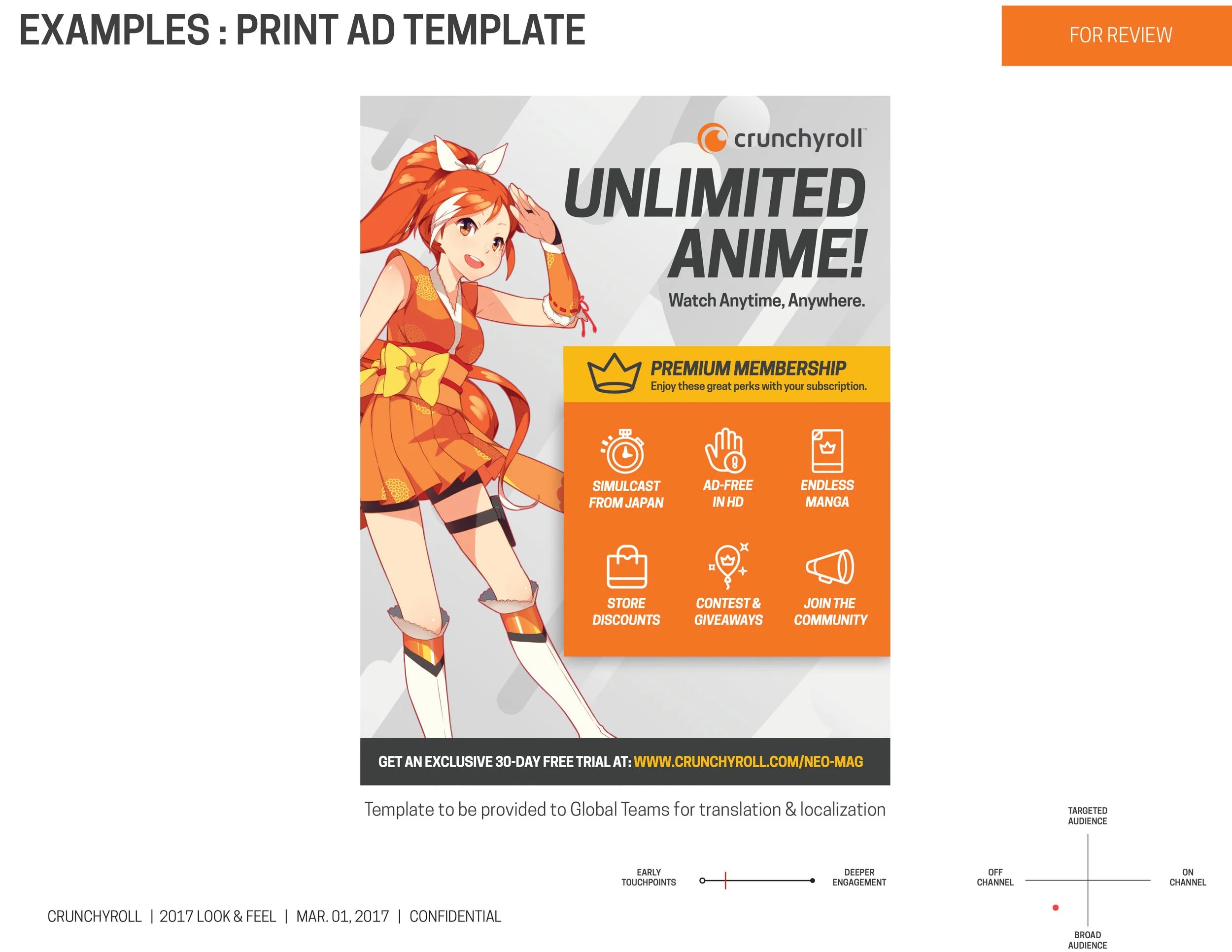 An advertisement template featuring an anime-style female character with fox-like ears and a vibrant orange outfit. The ad promotes Crunchyroll's unlimited anime streaming service, highlighting features like simulcast from Japan, ad-free HD, endless manga, store discounts, contests, and community engagement.