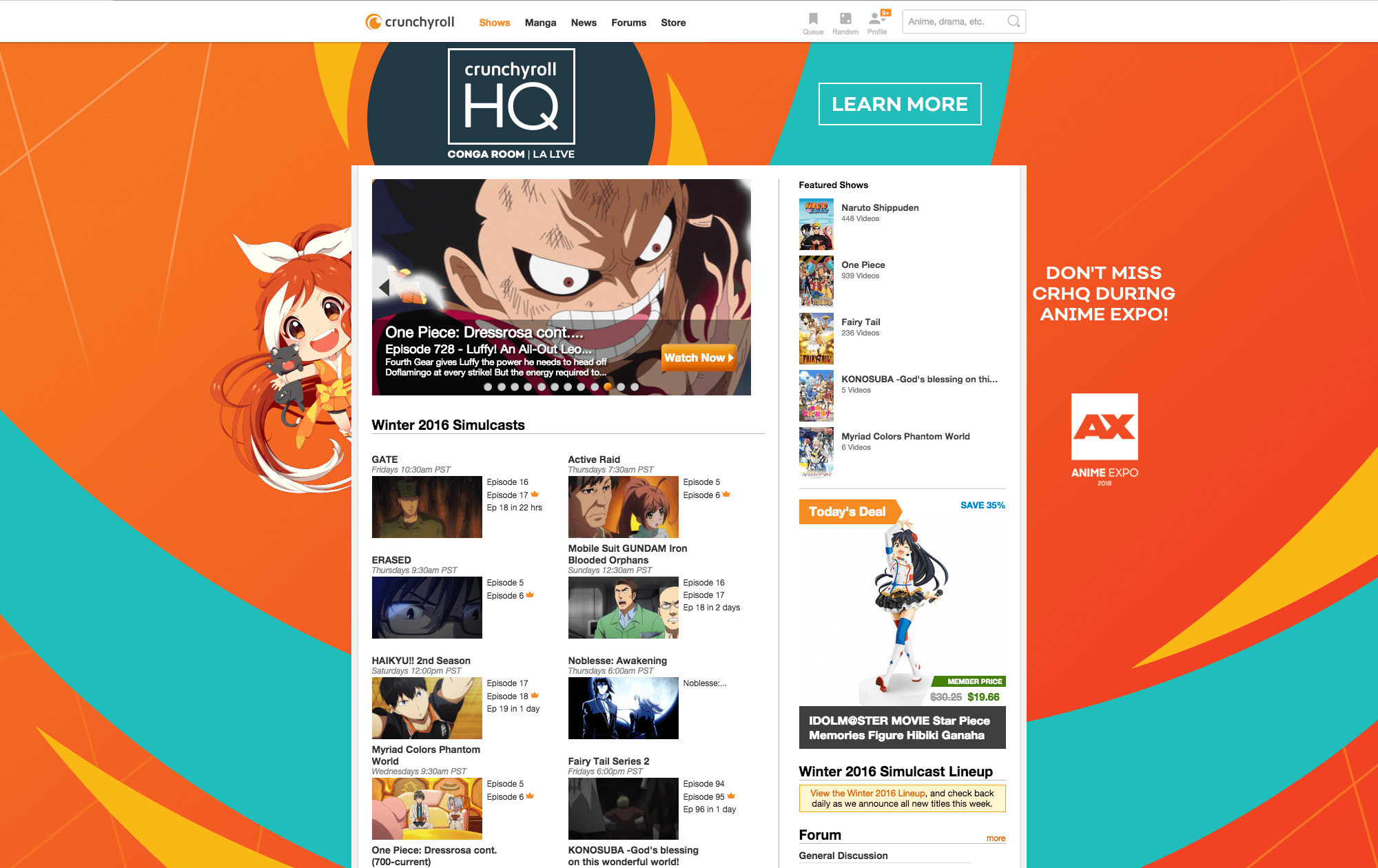 Screenshot of the Crunchyroll website homepage featuring anime show listings, featured shows, and advertisements related to anime events and merchandise.