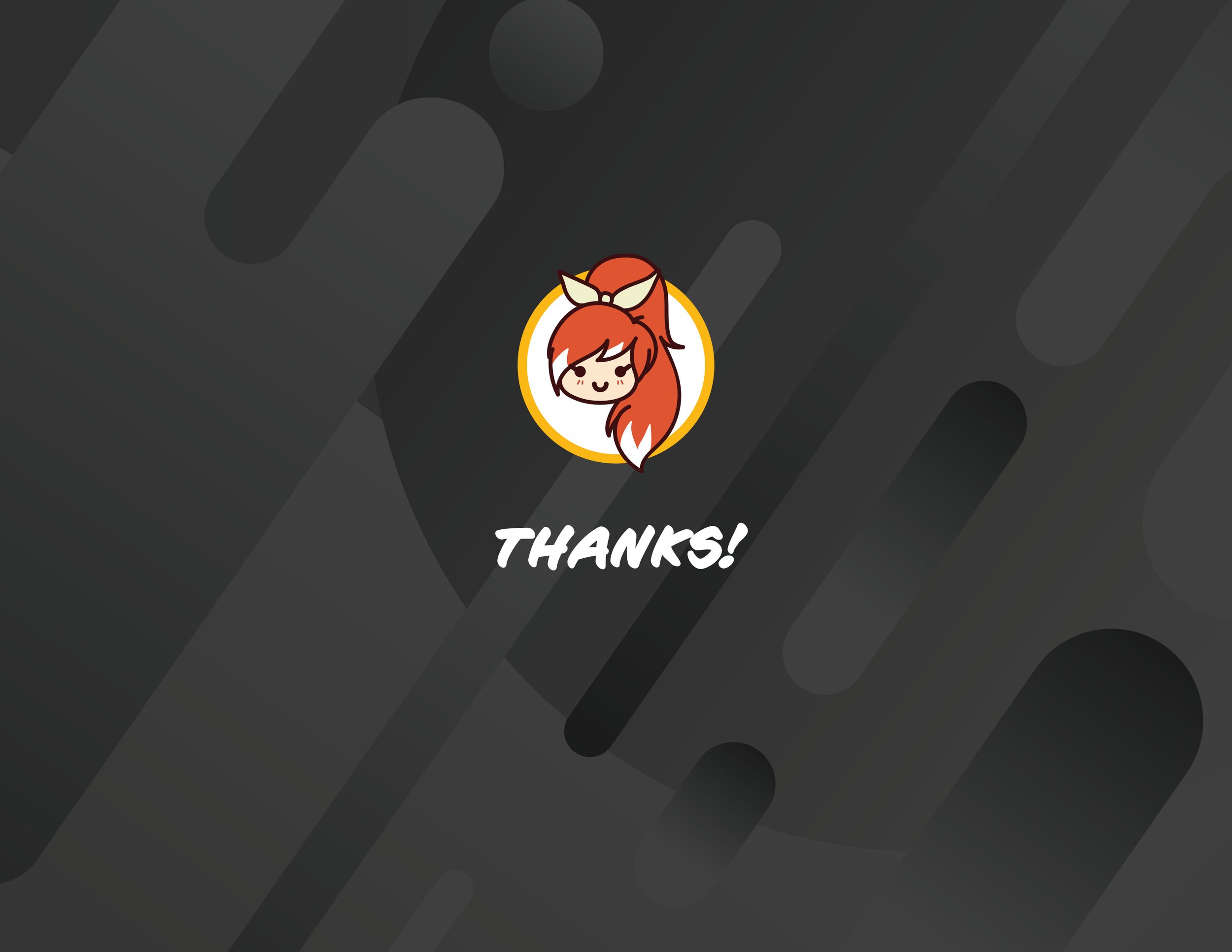 Thank you message with a cartoon girl character with red hair and a yellow bow on a dark background.