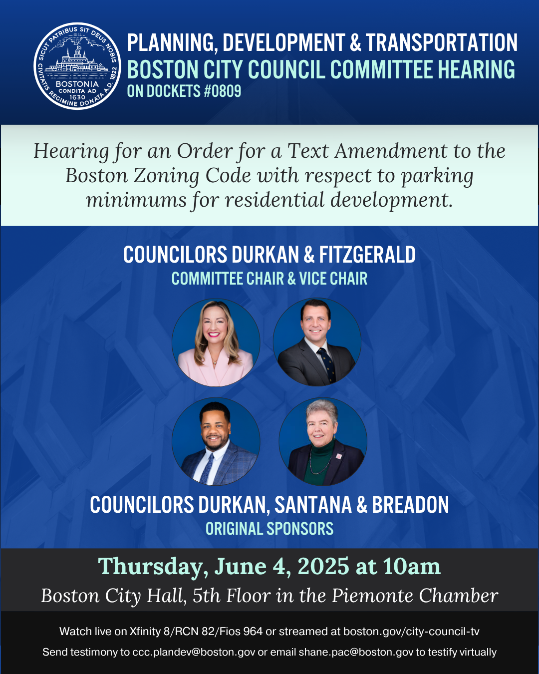 Hearing regarding an Order for a Text Amendment to the Boston Zoning Code with respect to parking minimums for residential development.