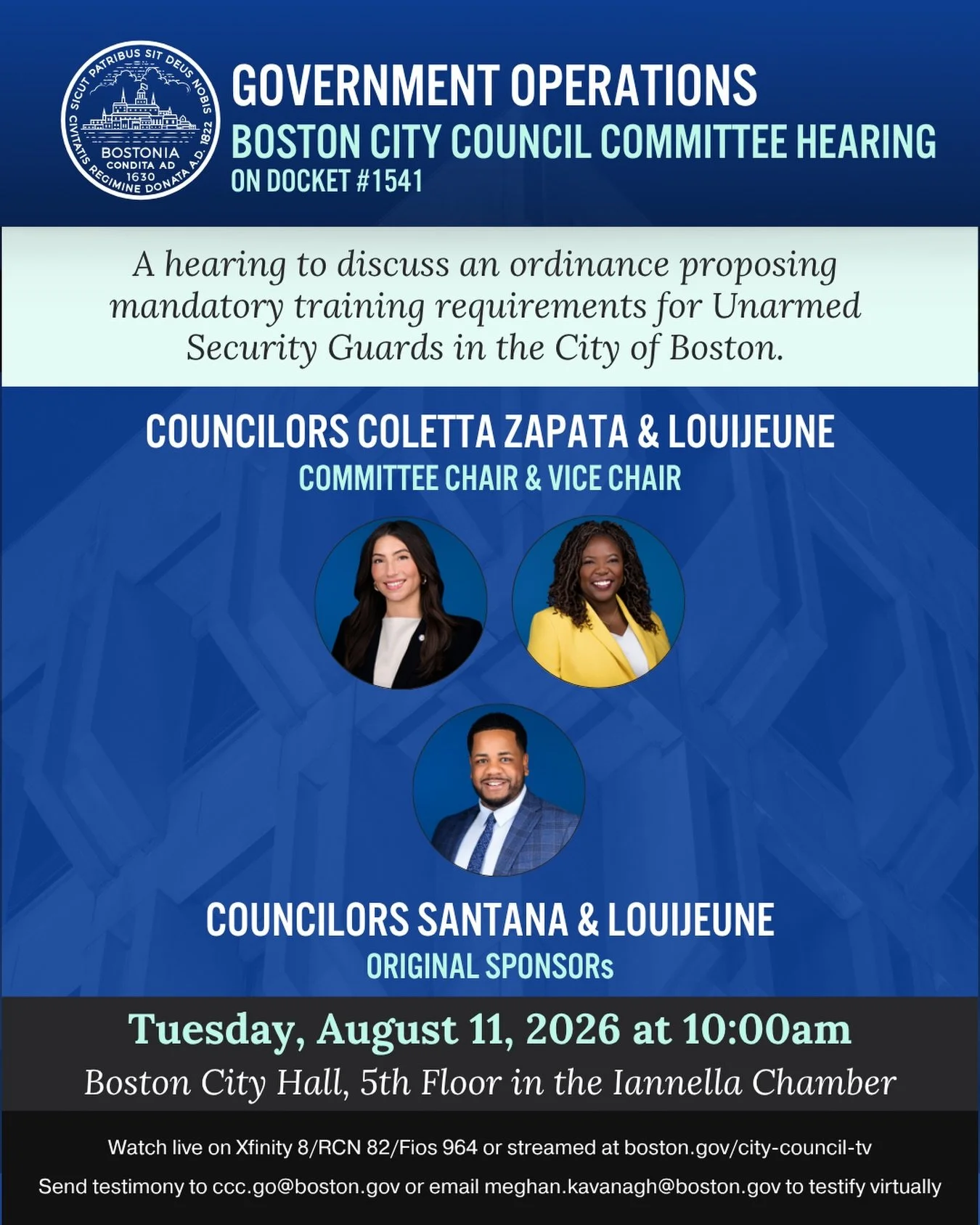 As lead Sponsor, my office will be participating in an in-person public hearing held by the Government Operations Committee with Councilors Louijeune as cosponsor on Tuesday, August 11 at 10am to discuss an ordinance proposing mandatory training requ