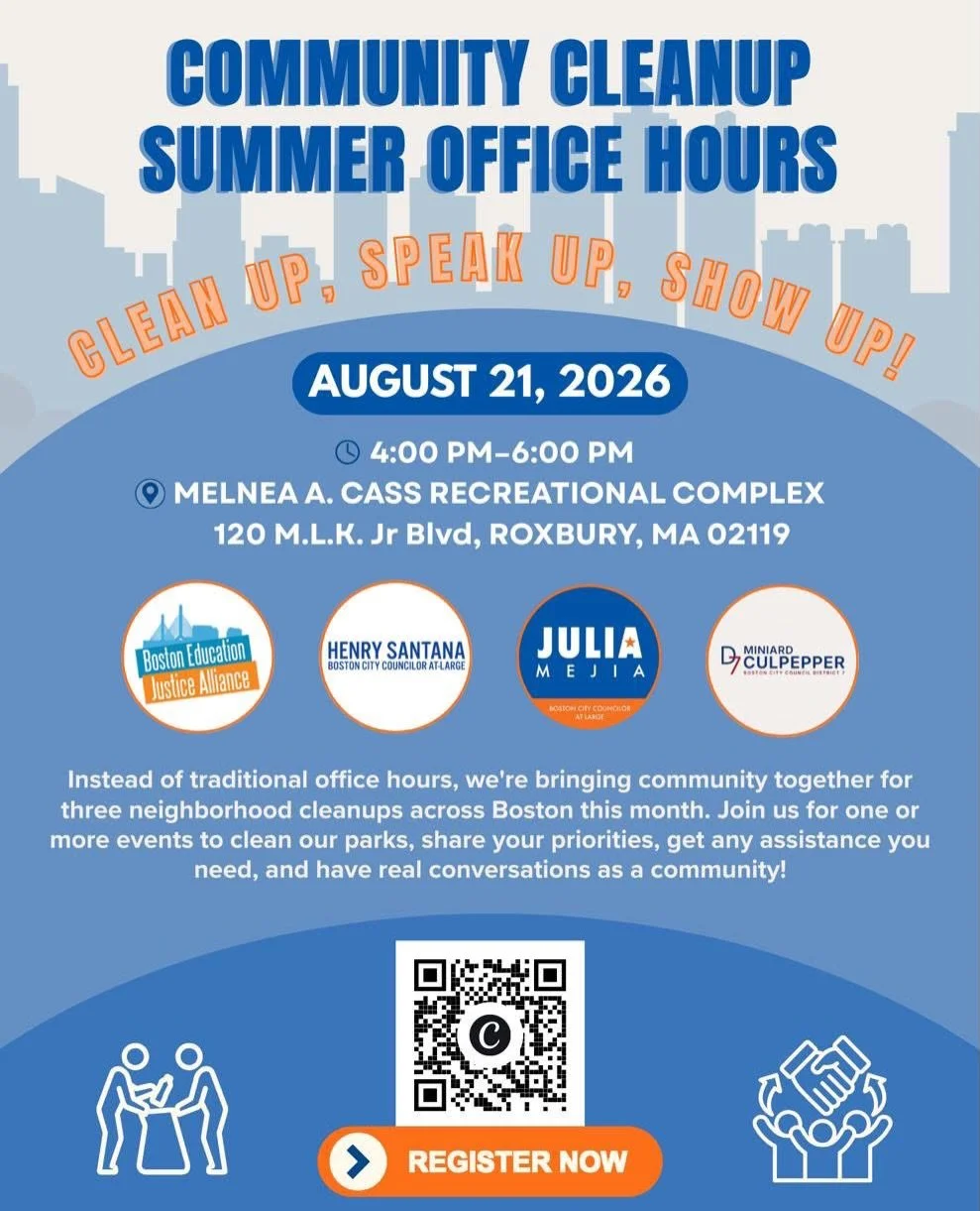 Stronger communities start on our own blocks! Join my office alongside Councilors Mejia and Culpepper and the Boston Education Justice Alliance as we roll up our sleeves for a community clean-up this FRIDAY! Supplies will be provided&mdash;just bring