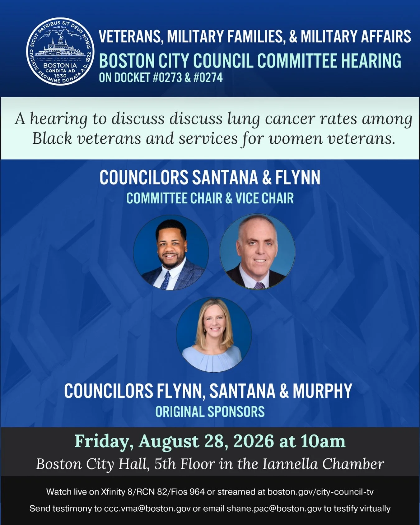 As Chair of the Veterans, Military Families, &amp; Military Affairs Committee, our office will be holding an in-person hearing on Friday, 8/28 at 10am to discuss discuss lung cancer rates among Black veterans and services for women veterans.

Members