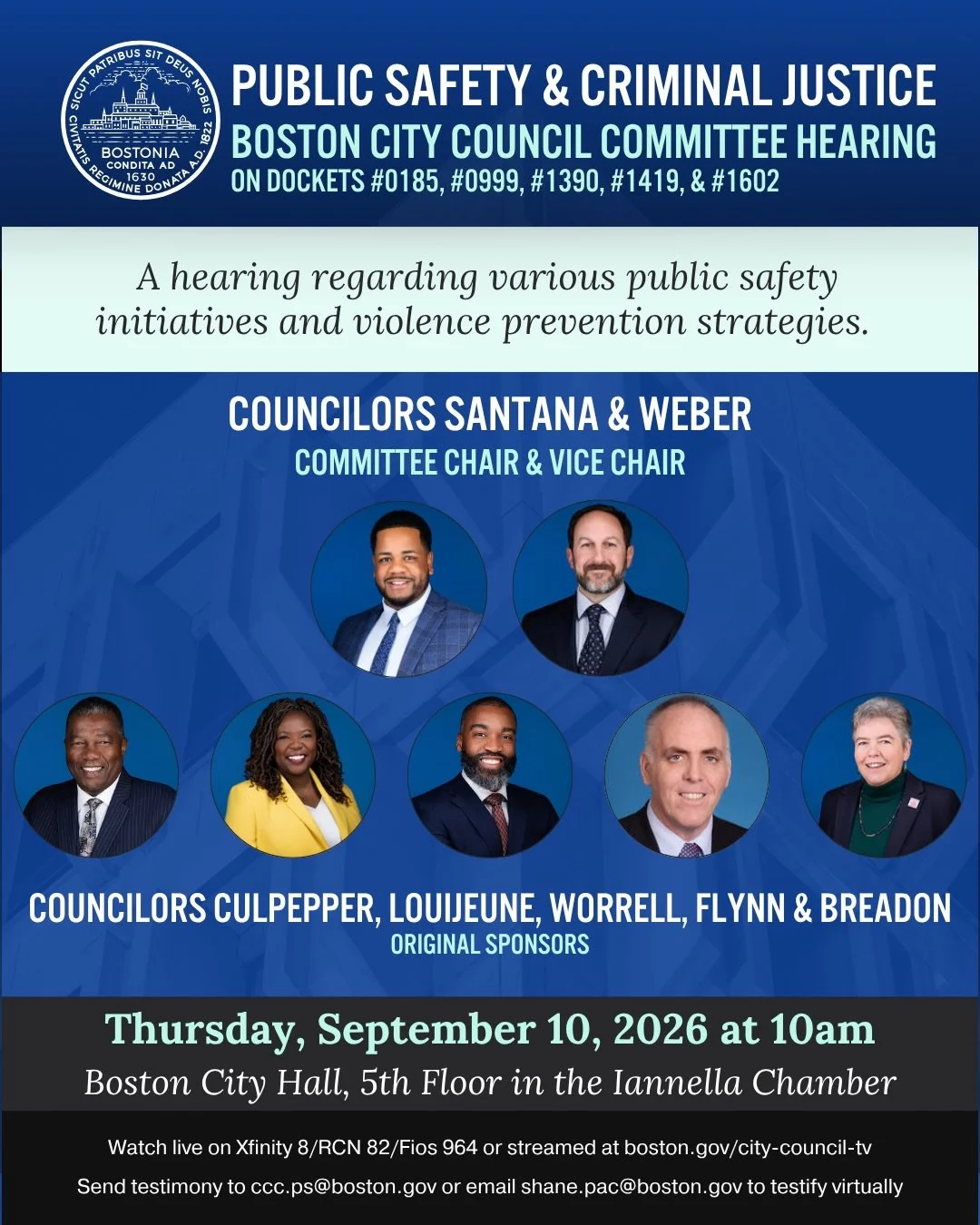 As Chair of the Public Safety and Criminal Justice Committee, our office will be hosting an in person hearing on Thursday September 10 at 10am regarding various public safety initiatives and violence prevention strategies.

Members of the public are 