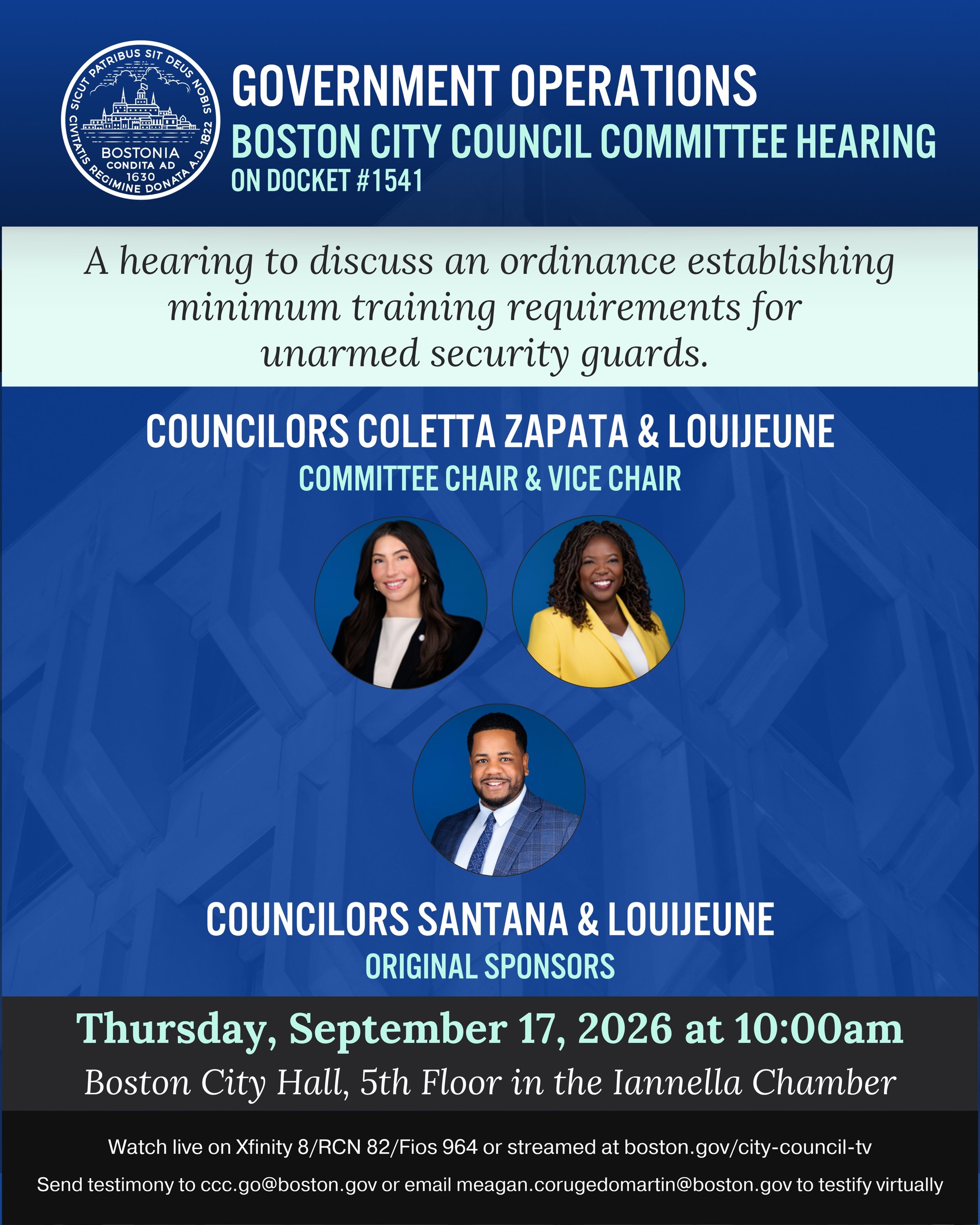 As sponsor, our office will be participating in an in person hearing with the Committee of Government Operations, on Thursday September 17 at 10am to discuss an ordinance establishing minimum training requirements for unarmed security guards.

Member
