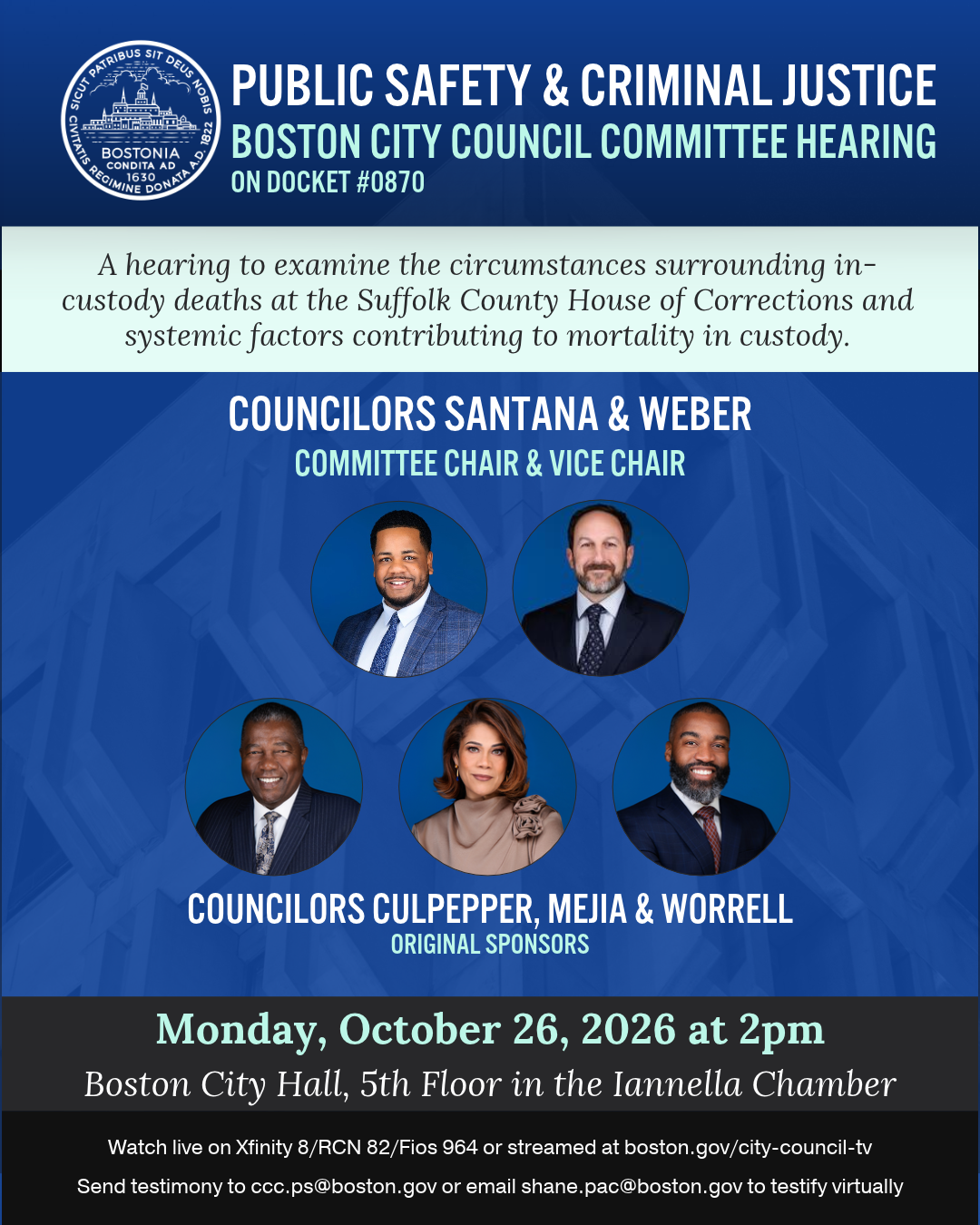 Hearing to examine the circumstances surrounding in-custody deaths at the Suffolk County House of Corrections and systemic factors contributing to mortality in custody.