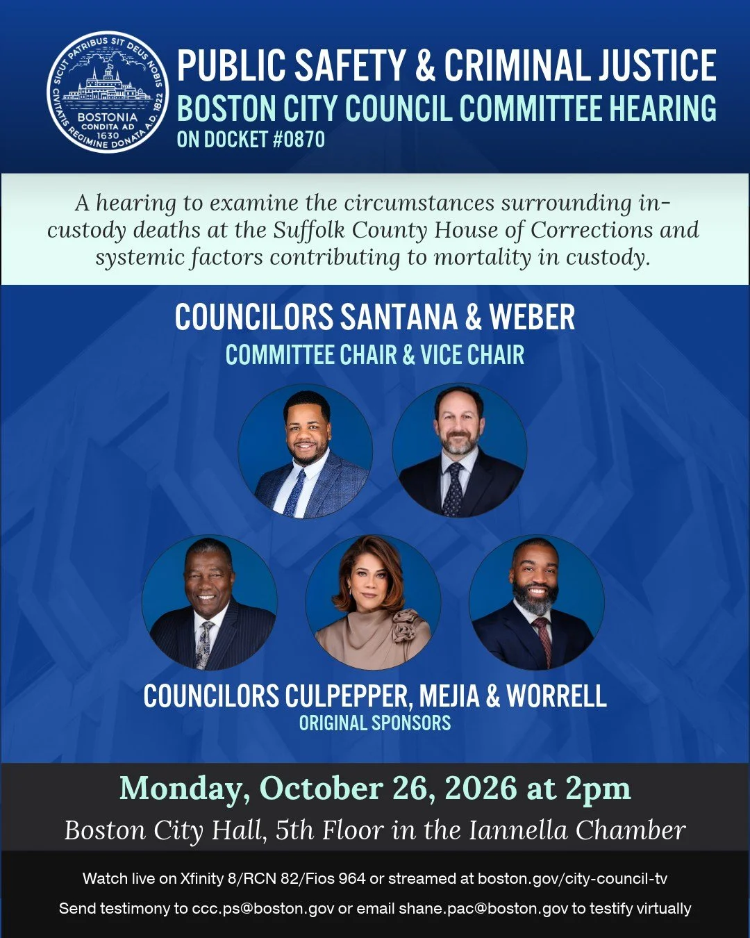 As Chair of the Public Safety and Criminal Justice Committee, our office will be hosting an in person hearing on Monday October 26 at 2pm to examine the circumstances surrounding in-custody deaths at the Suffolk County House of Corrections and system