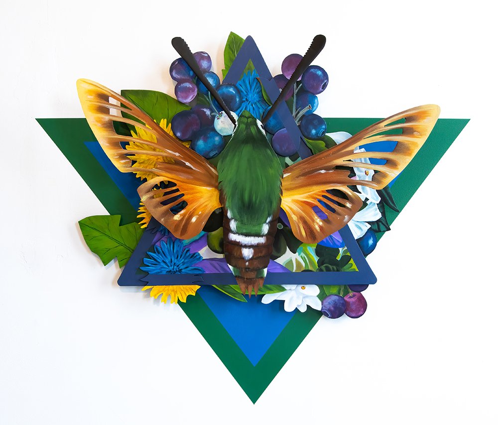 Slender Clearwing Sphinx Moth // Wood, Acrylic paint, and Paperclay // 38x30x4” // 2021