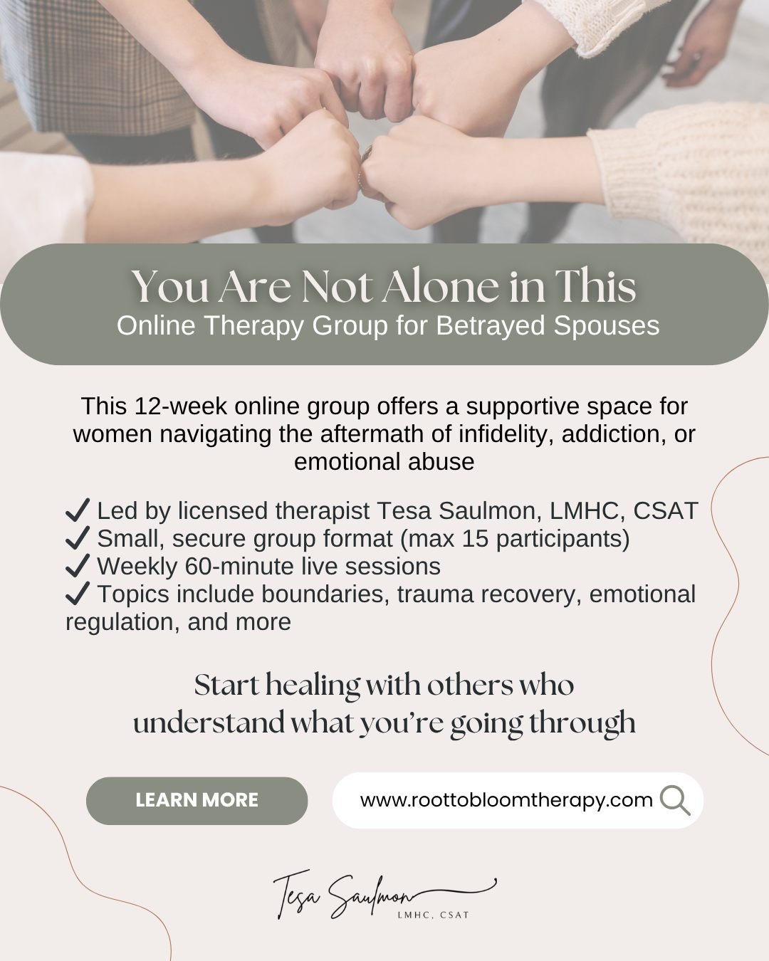 When your world has been shattered by betrayal, healing can feel out of reach. But you don&rsquo;t have to do it alone. This 12-week online Betrayed Spouses Therapy Group is designed for women coping with the pain of infidelity, addiction, or emotion