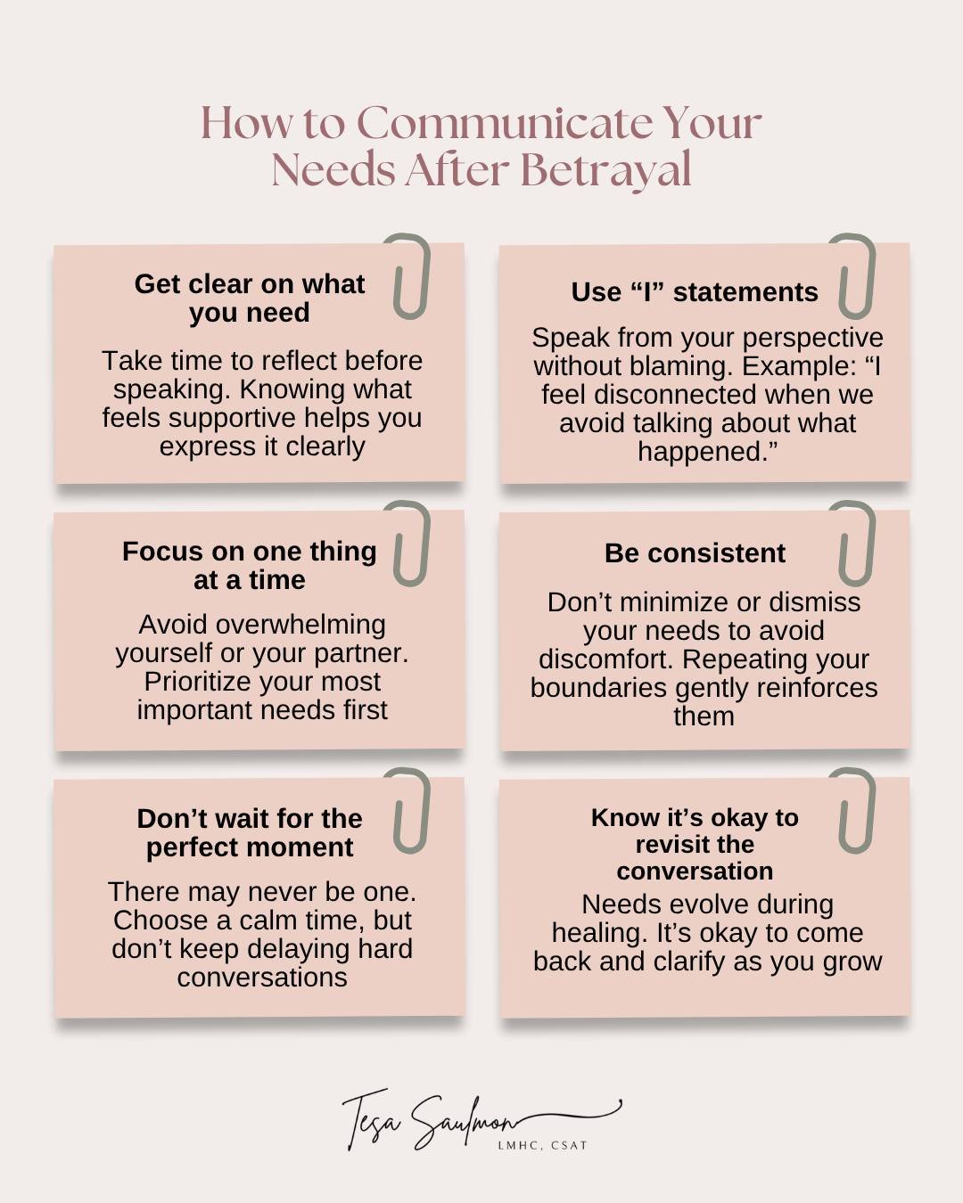 Finding the words to express your needs after betrayal can feel overwhelming. When trust has been shaken, speaking up may seem risky or even impossible. But your needs still matter, and your voice is worth hearing.

Healing is not just about repairin