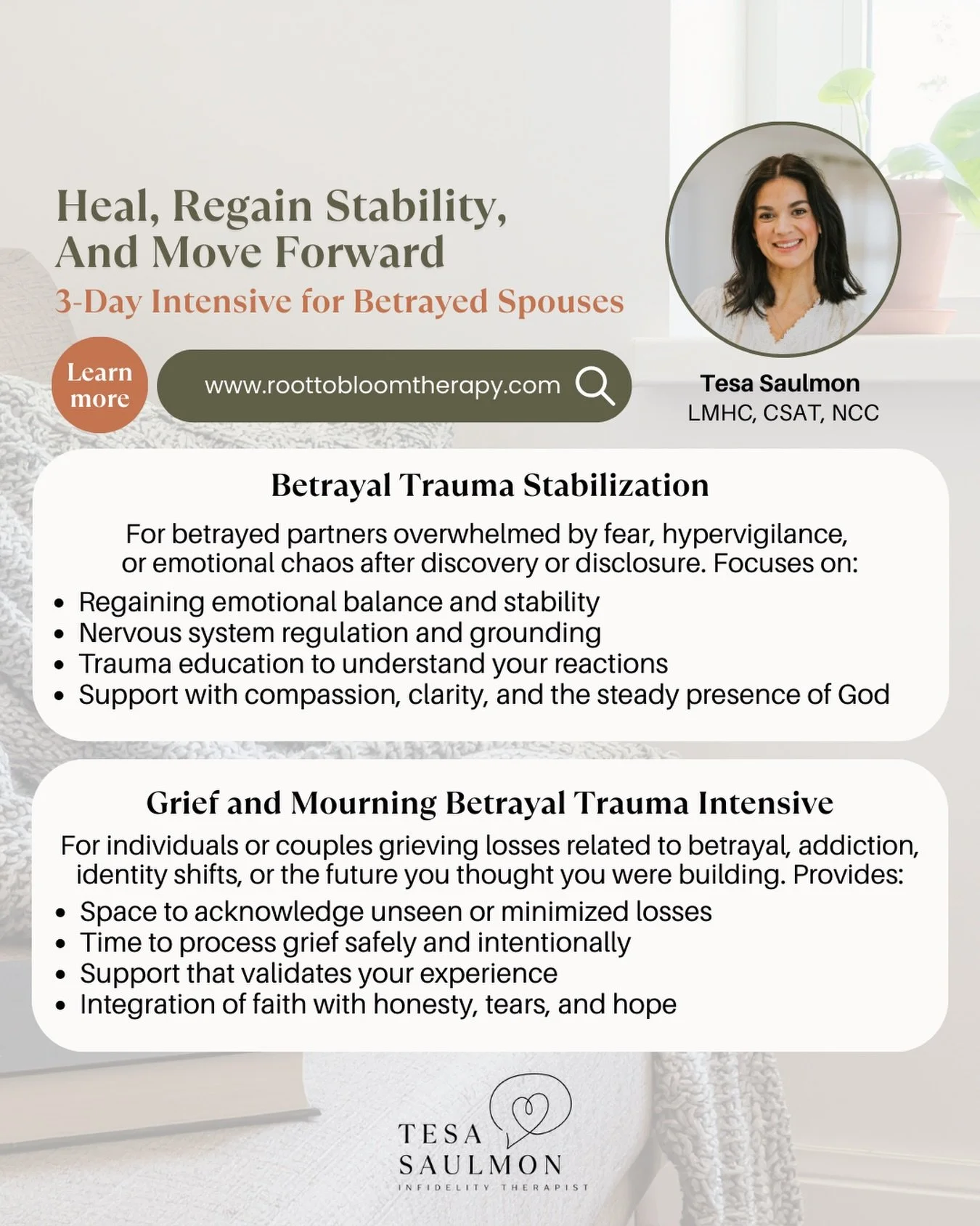 Betrayal can turn your world upside down.

Suddenly your body feels on edge.
Your mind won&rsquo;t rest.
Fear, hypervigilance, and waves of emotion can feel constant&mdash;and exhausting.

You don&rsquo;t have to face this alone.

Our 3-Day Intensive