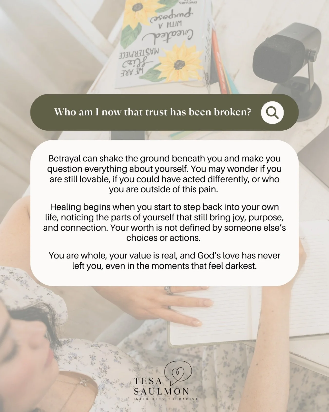 Betrayal doesn&rsquo;t just break your heart. It can make you forget who you are.

I sit with women all the time who whisper, &ldquo;I don&rsquo;t even recognize myself anymore.&rdquo;
Confident once. Grounded once. Now anxious. Questioning. Small.

