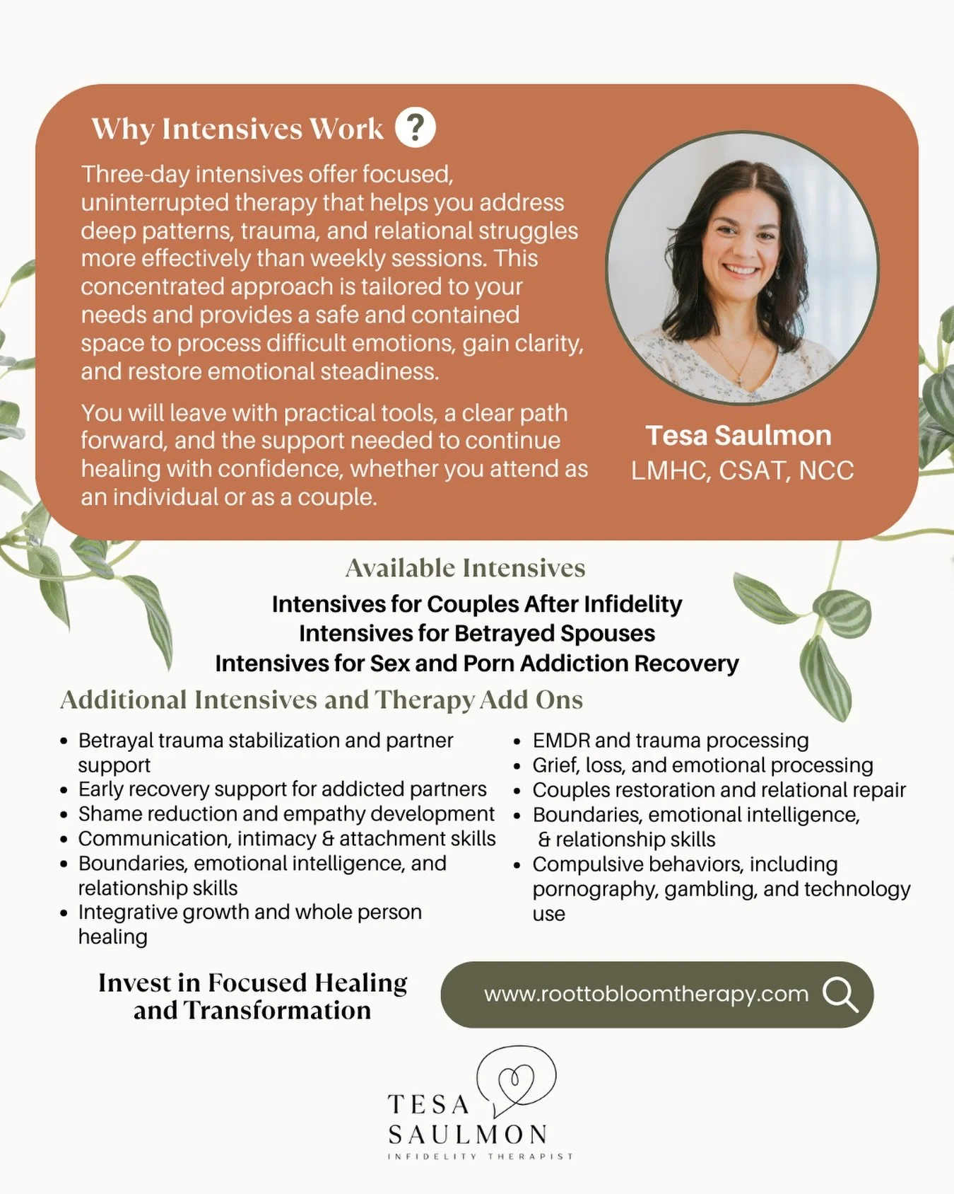 Weekly therapy is powerful.
But sometimes you need more than 50 minutes.

When betrayal, trauma, addiction, or relational wounds run deep, healing requires focused, intentional space. Not rushed. Not surface-level. Not crisis-to-crisis.

That&rsquo;s