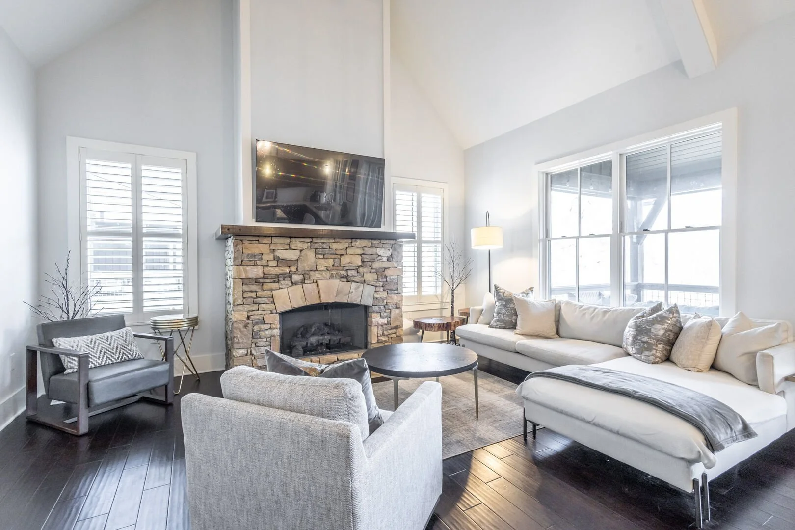 65-inch smart TV with full access streaming and gas fireplace.