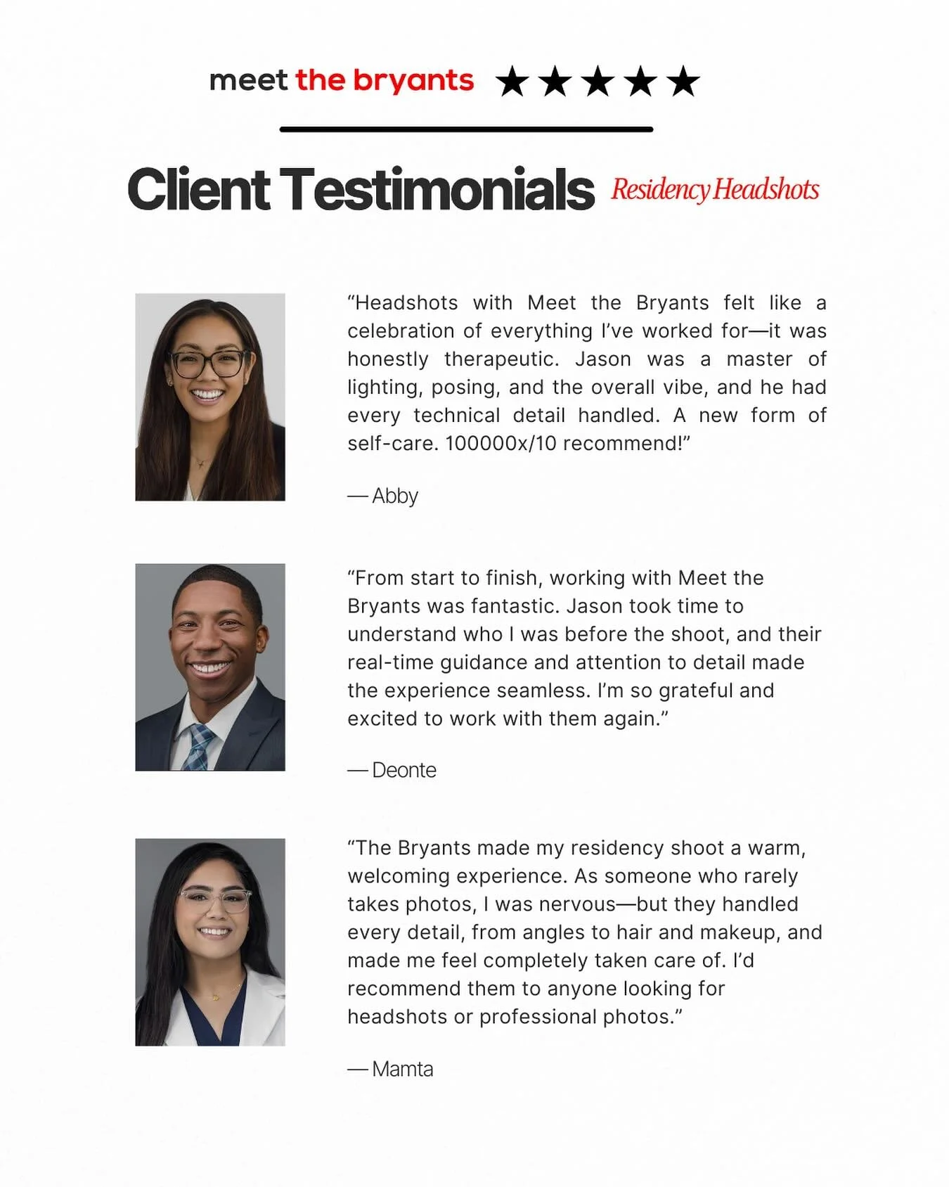 Real words. Real gratitude.
Residency headshots that feel like you.
We are not just capturing images; we are celebrating milestones, nerves and all.
Thank you to Abby, Deonte, and Mamta for trusting us with such a special season.

Thinking about upda
